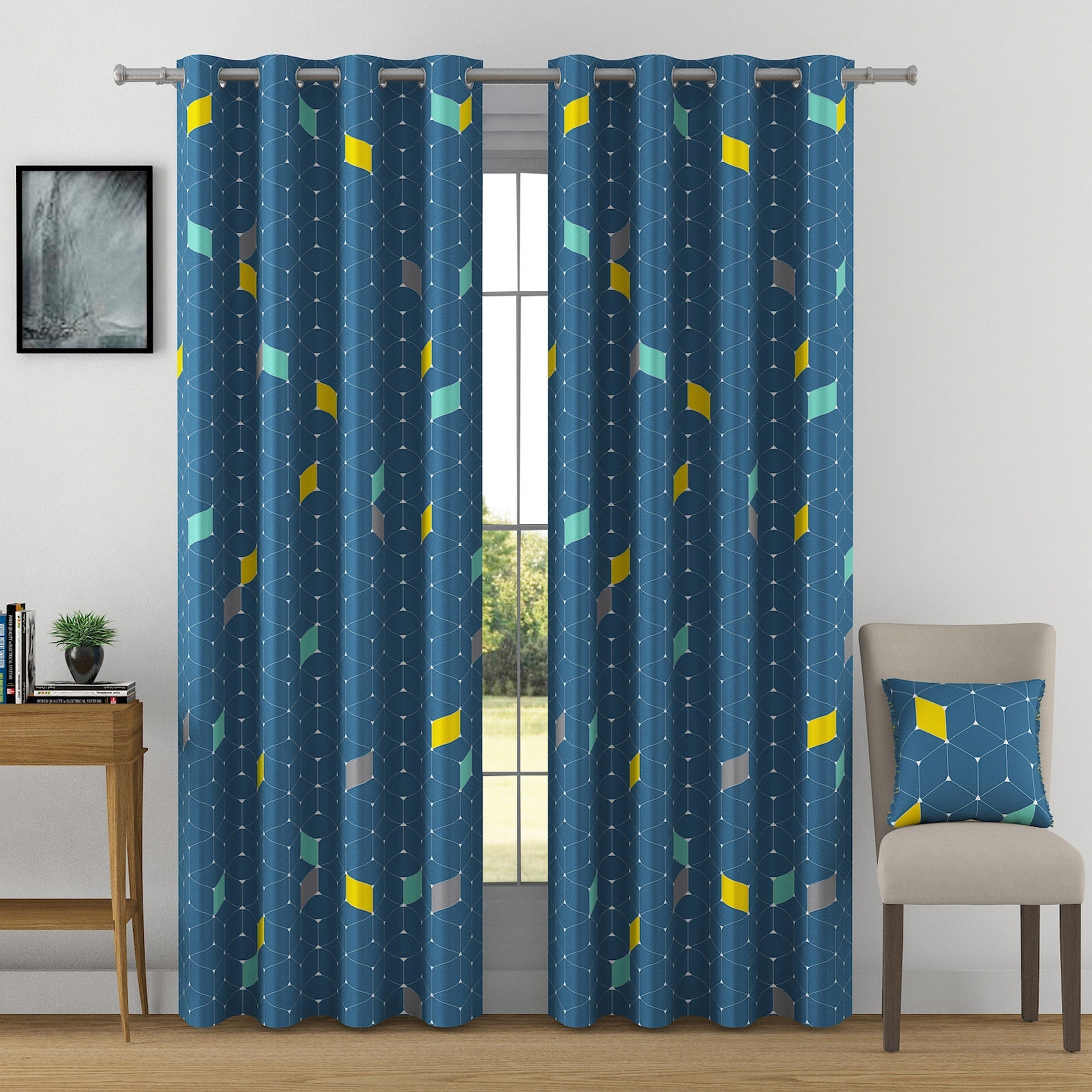 Geometric Cube Pattern Curtains – Blue, Yellow & Aqua, Set of 2