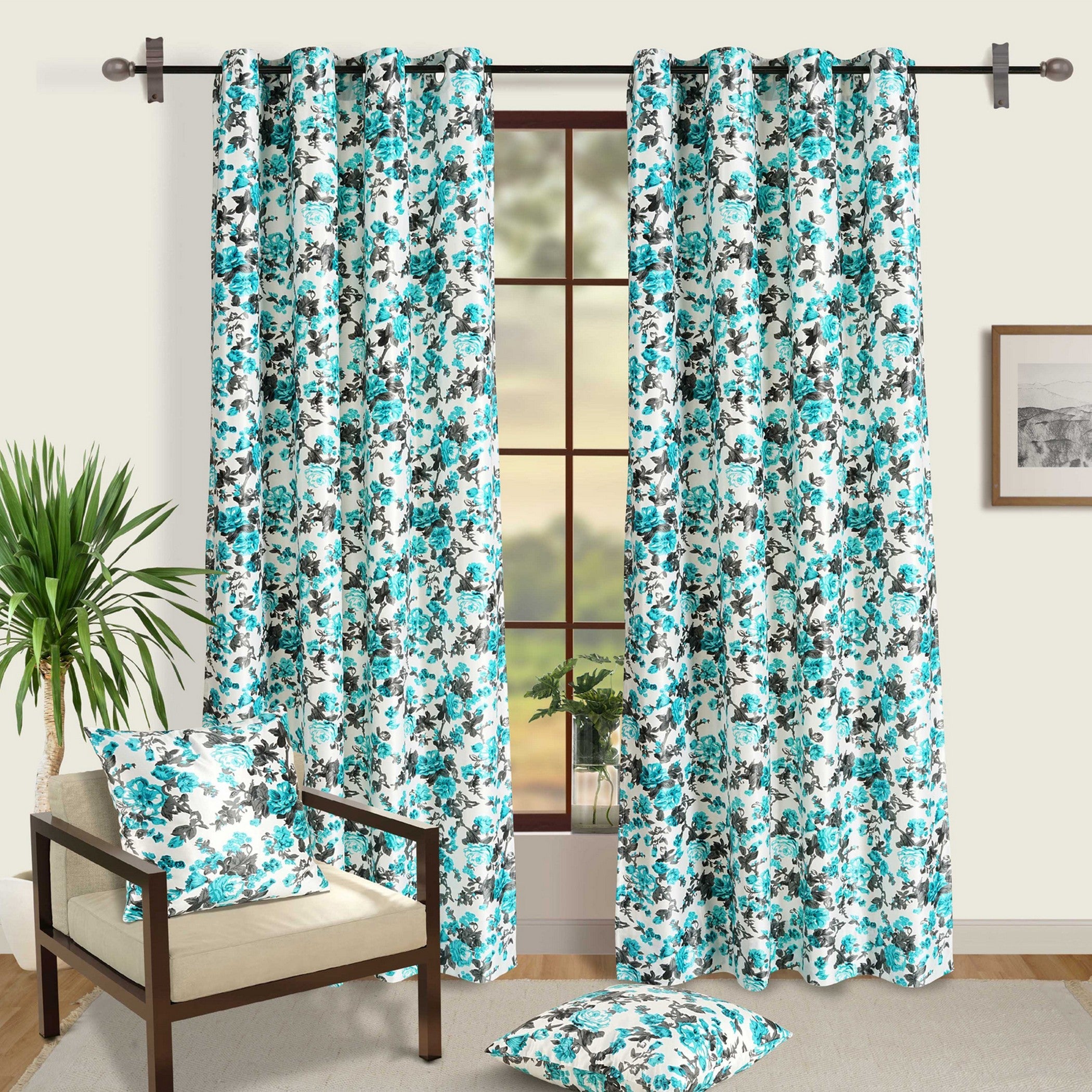Turquoise Bloom Curtains – Aqua Blue & Charcoal Floral Print, Set of 2