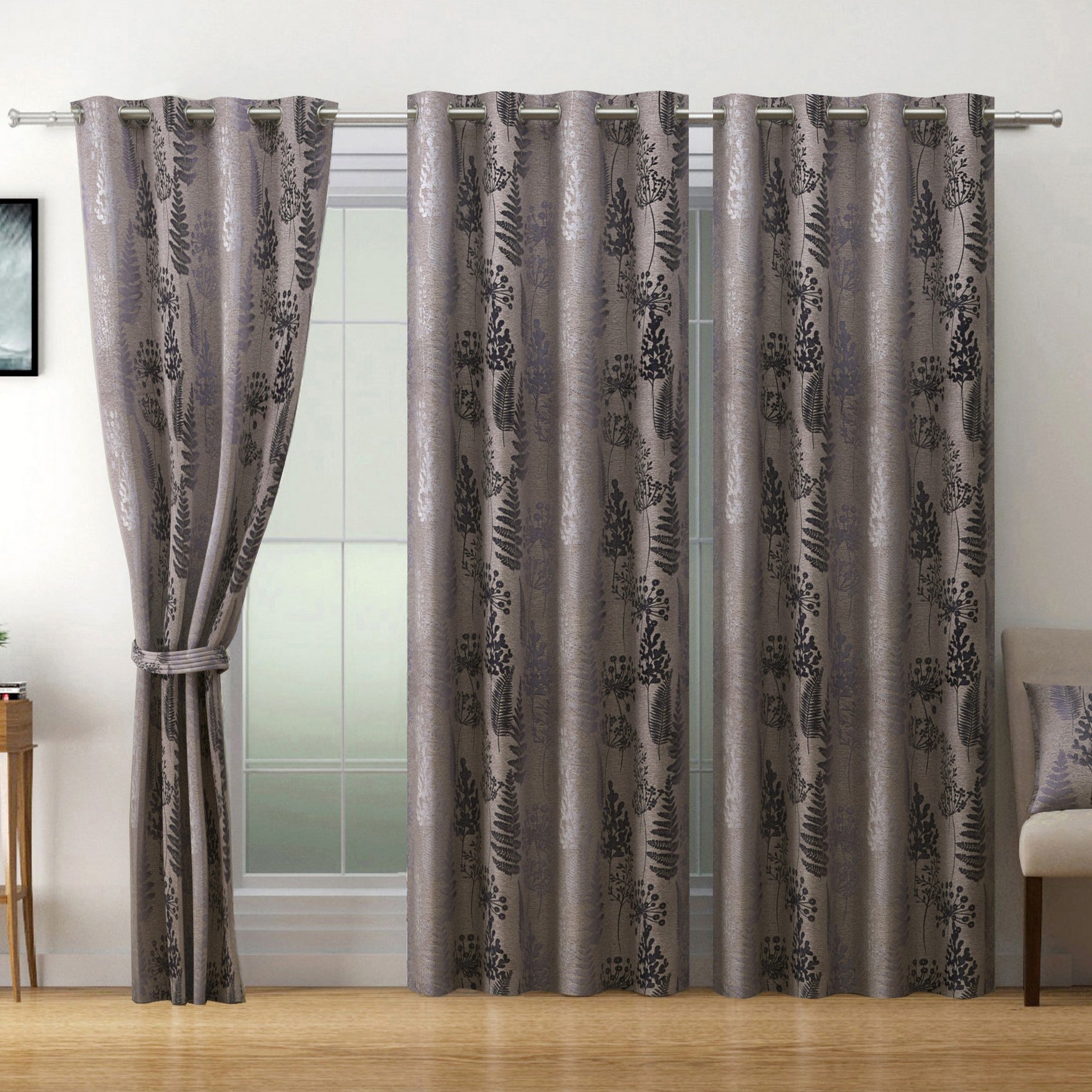 Premium Jacquard Botanical Fern Brown Long Door Curtains – Set of 2
