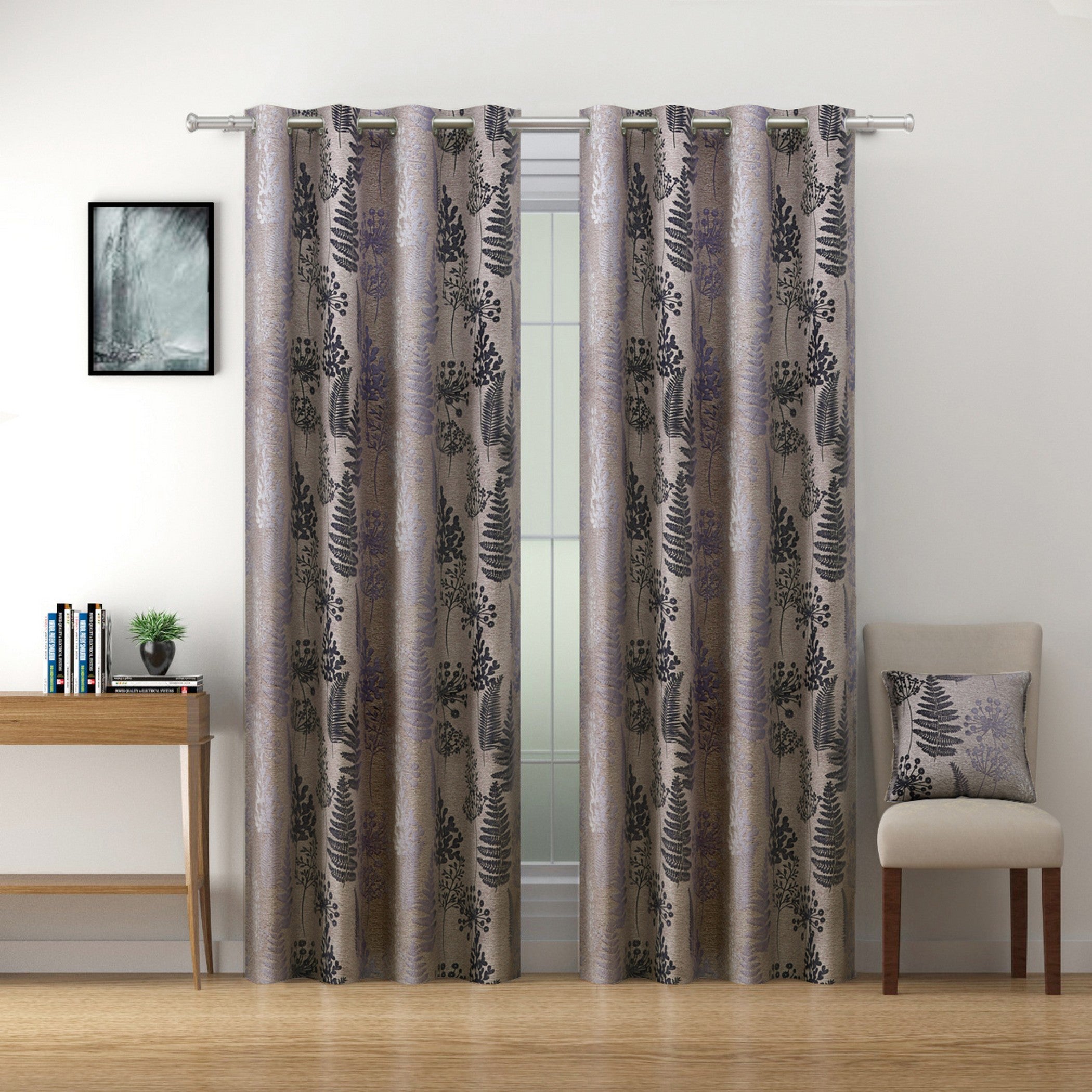 Premium Jacquard Botanical Fern Brown Long Door Curtains – Set of 2