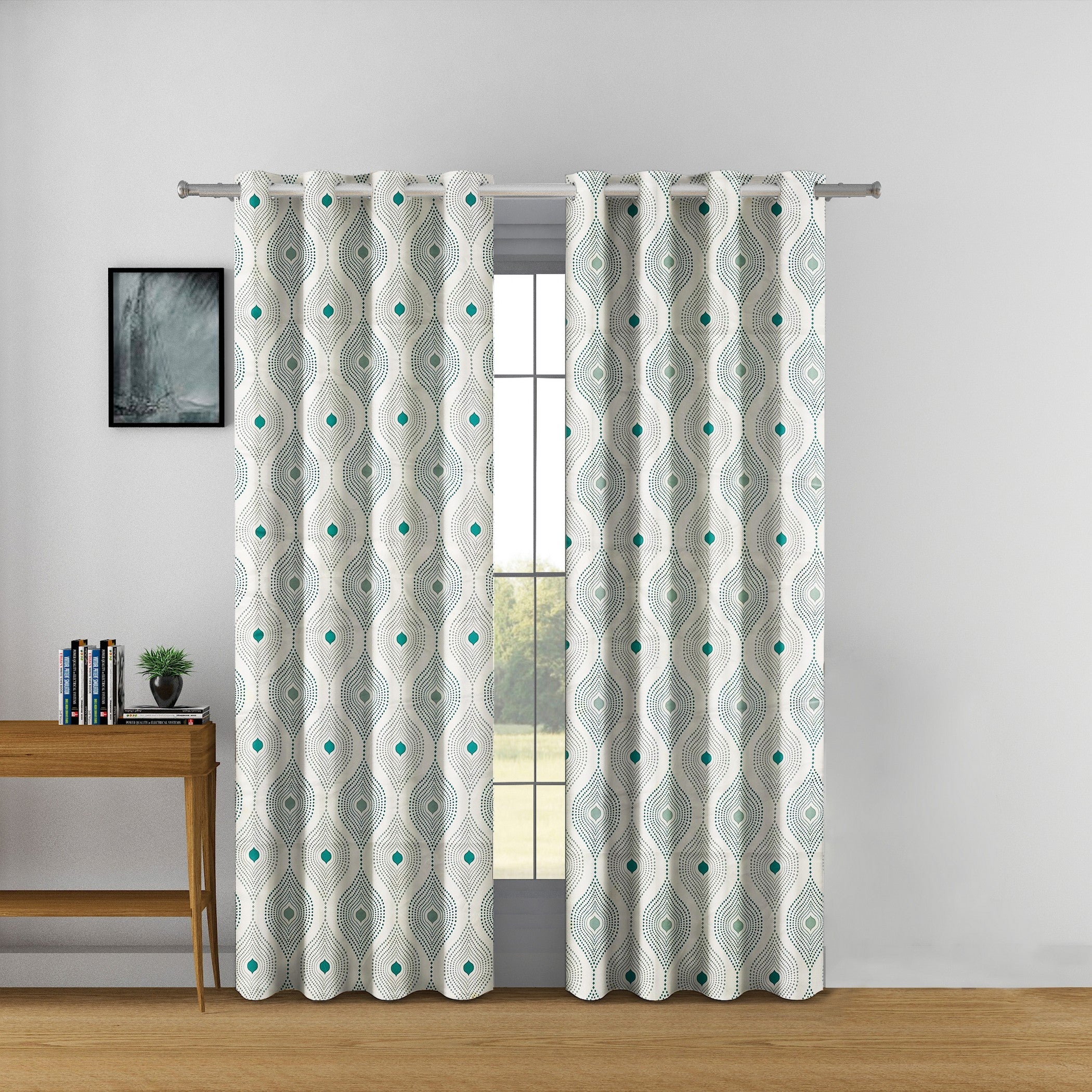 Premium Geometric Teal Printed Long Door Curtains – Set of 2