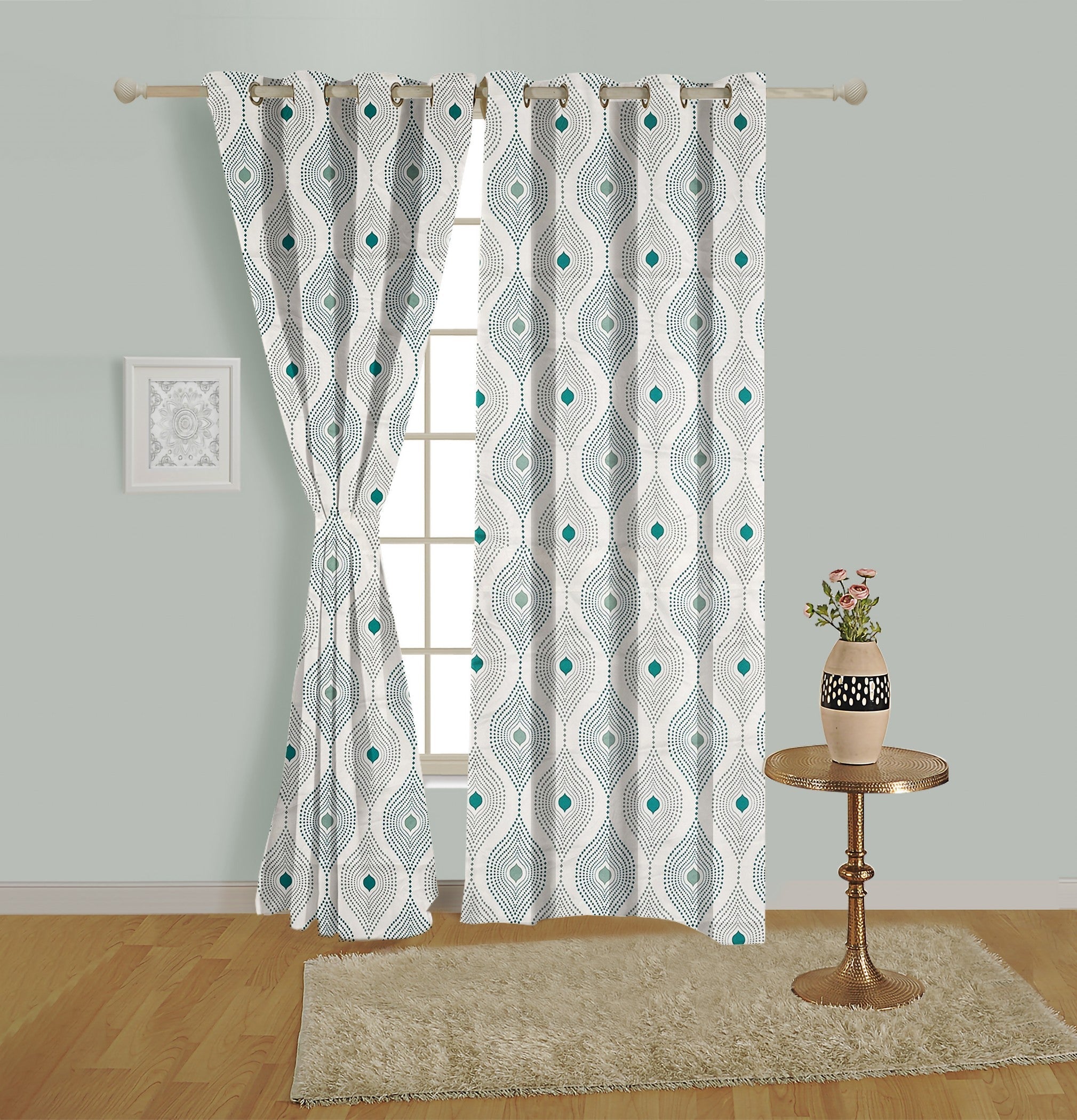 Premium Geometric Teal Printed Long Door Curtains – Set of 2