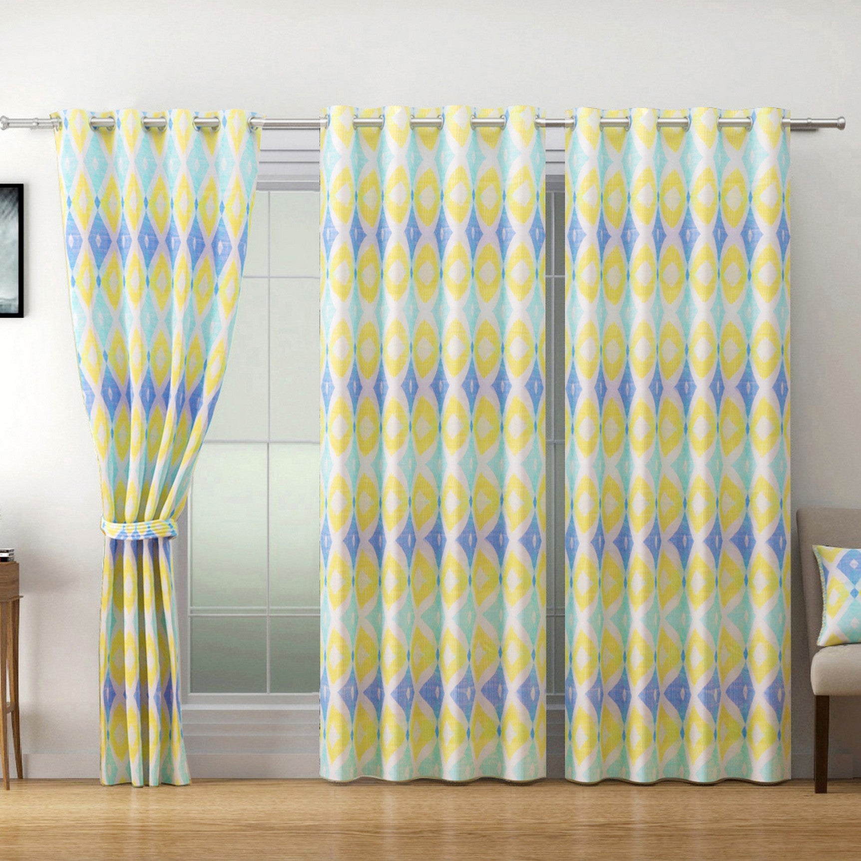 Premium Geometric Blue and Yellow Printed Long Door Curtains – Set of 2