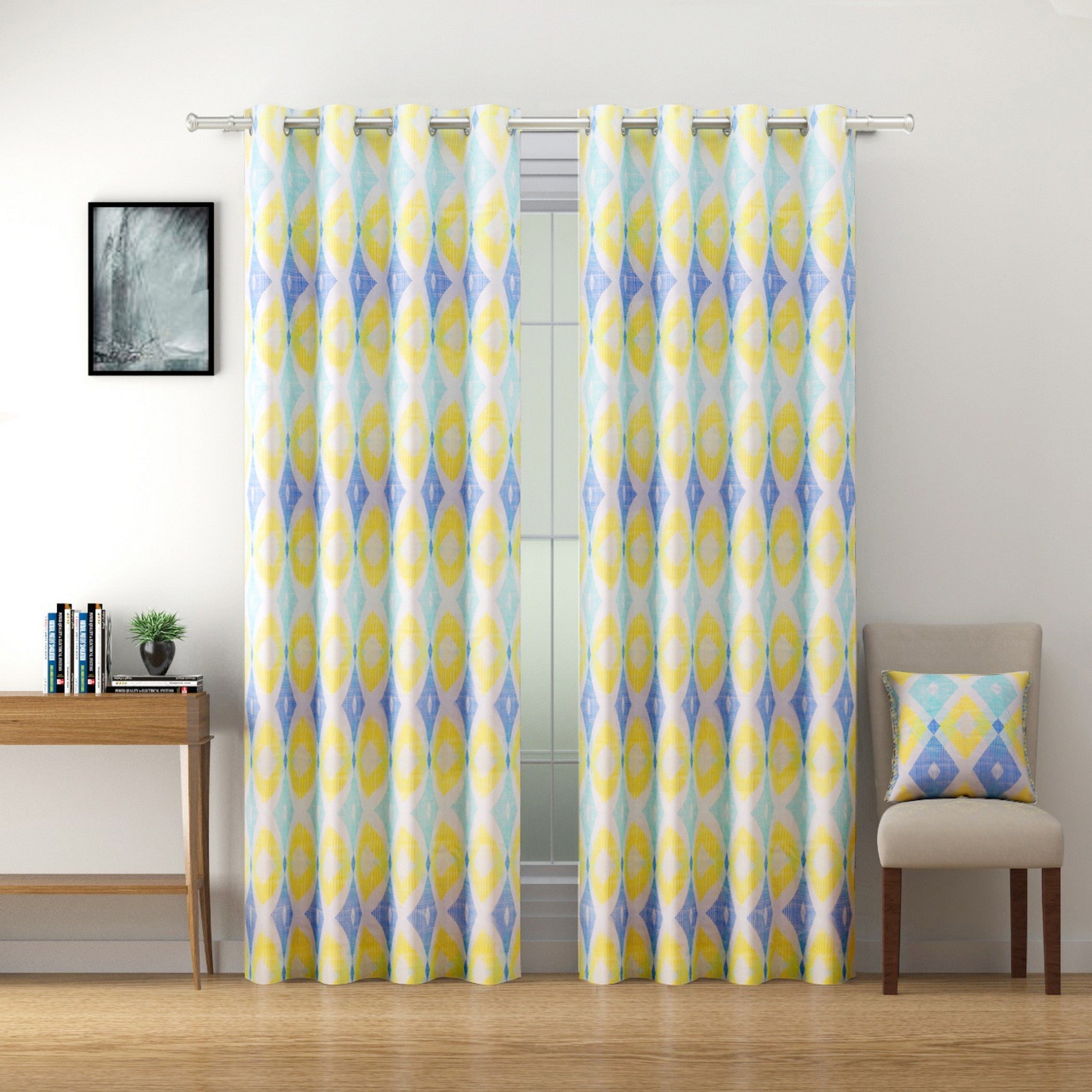 Premium Geometric Blue and Yellow Printed Long Door Curtains – Set of 2