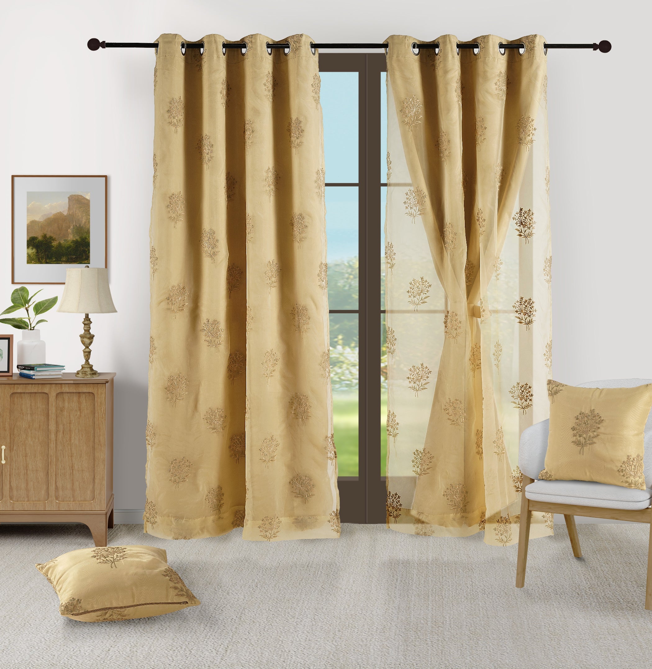 Sheer Embroidered Gold Window Curtains