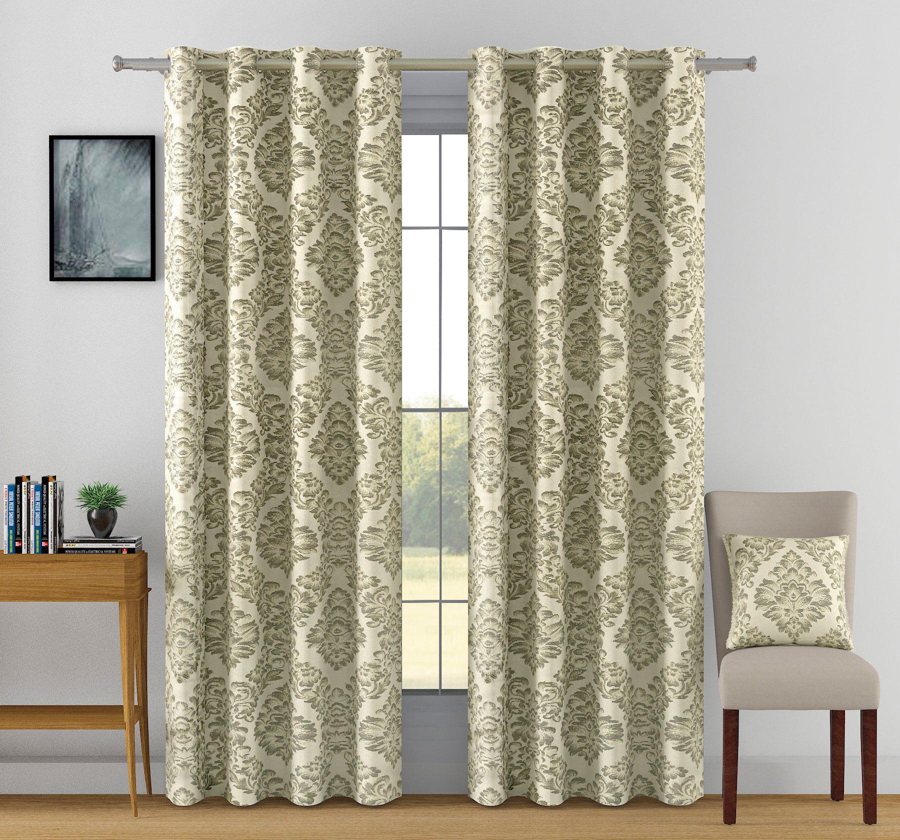 Jacquard Damask Olive Window Curtains