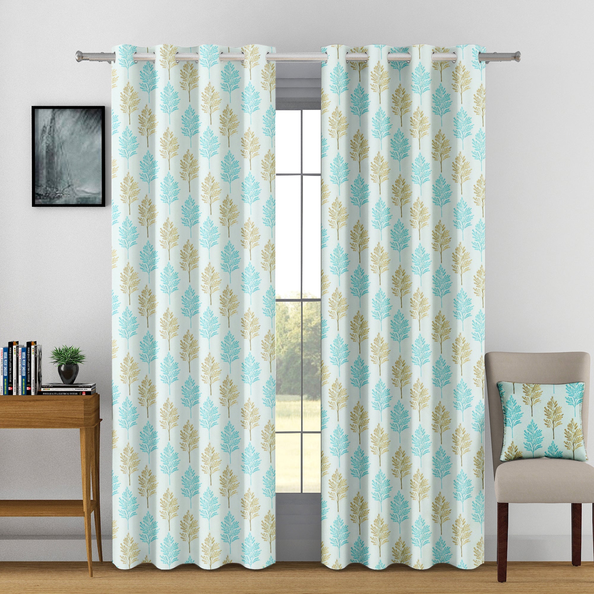 Jacquard Leaf Aqua & Gold Window Curtains