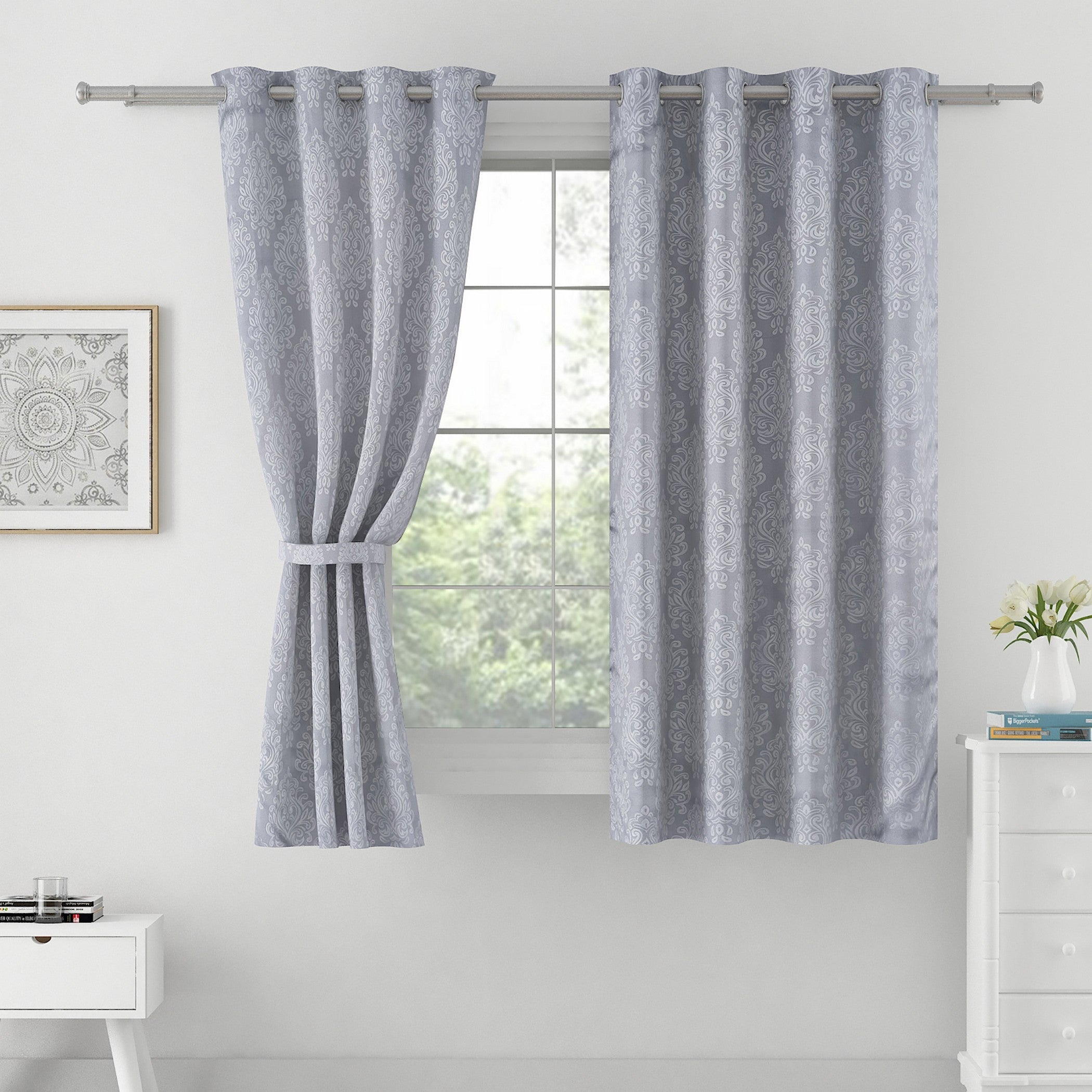Jacquard Damask Charcoal Grey Window Curtains
