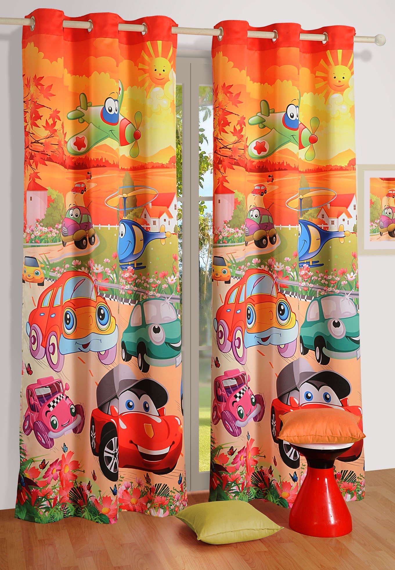 Kids Cartoon Vehicle Print Window Curtain – 5 ft | Eyelet Style | Fun & Playful Design