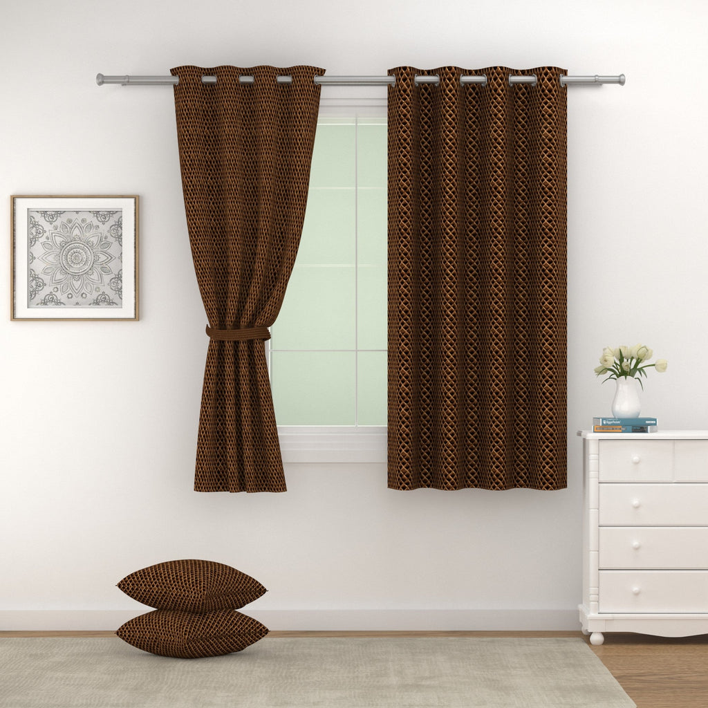 Velvet Geometric Chocolate Brown Window Curtains