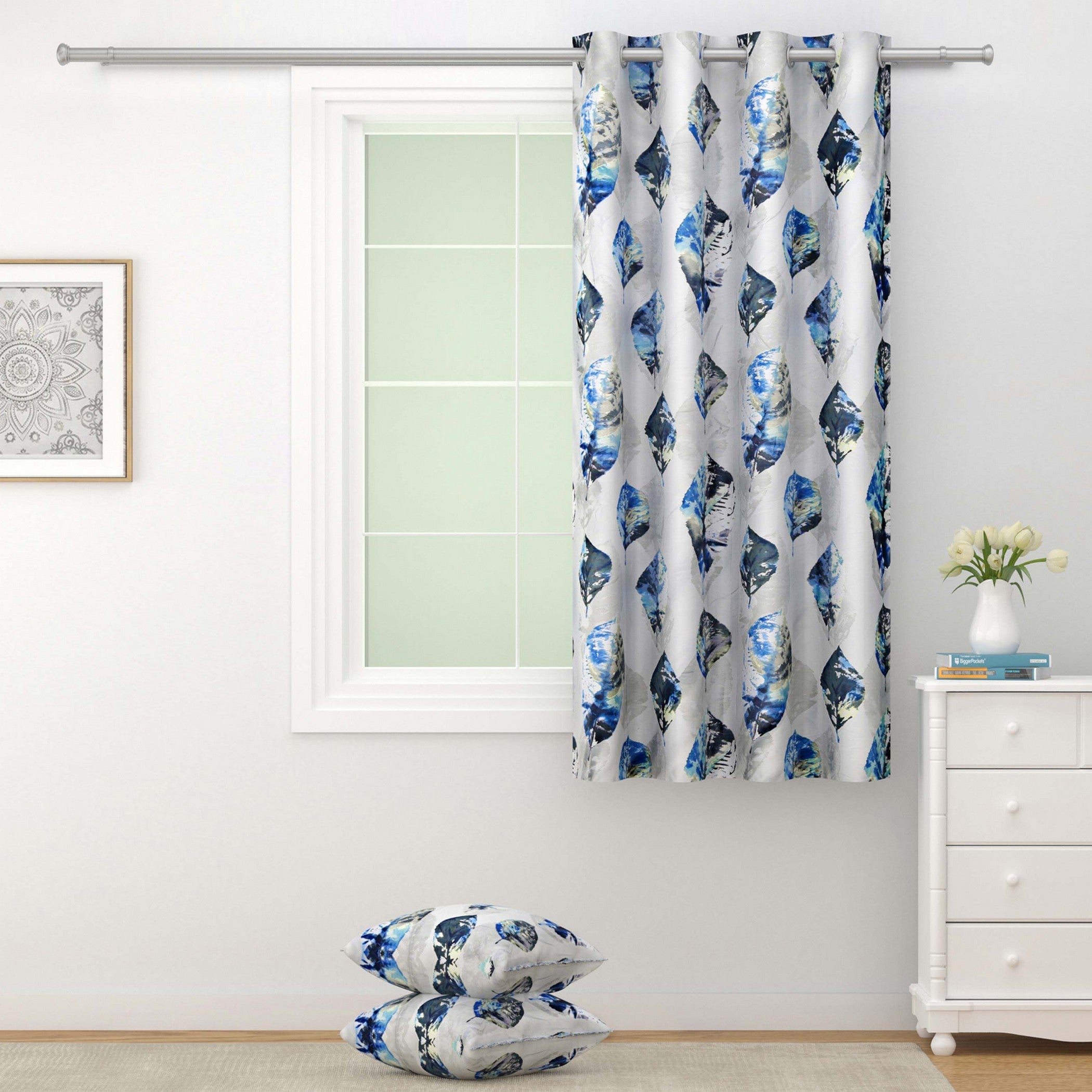 Grey & Blue Leaf Motif Window Curtain – 5 ft | Eyelet Style | Contemporary Botanical Design
