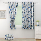 Grey & Blue Leaf Motif Window Curtain – 5 ft | Eyelet Style | Contemporary Botanical Design