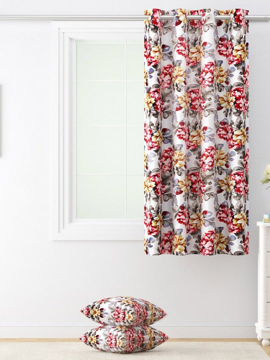 Crimson Bloom Floral Curtains – Red, Mustard & Grey