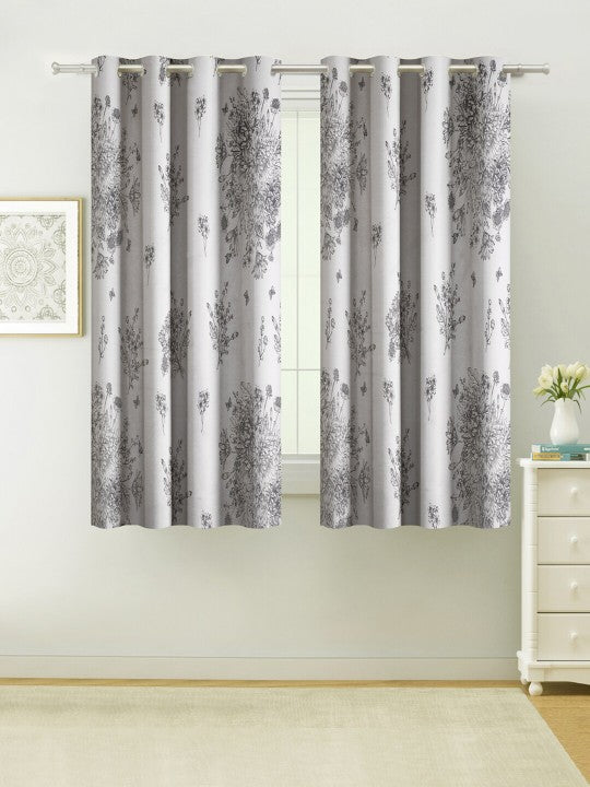 Elegant Cotton Botanical Sketch Grey Window Curtain
