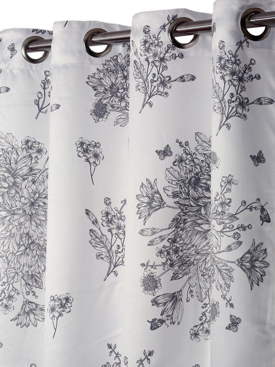 Elegant Cotton Botanical Sketch Grey Window Curtain