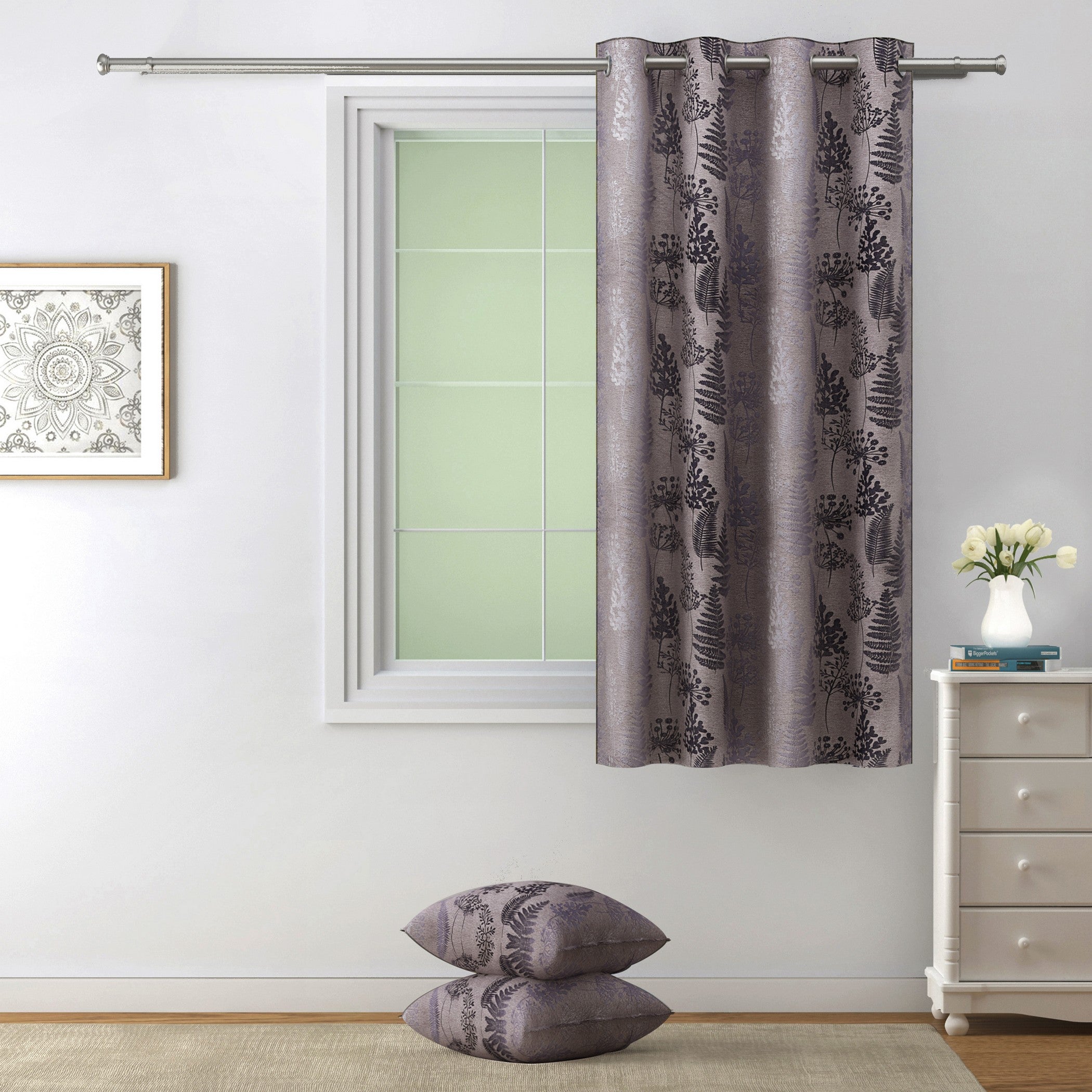 Premium Jacquard Botanical Fern Brown Window Curtain