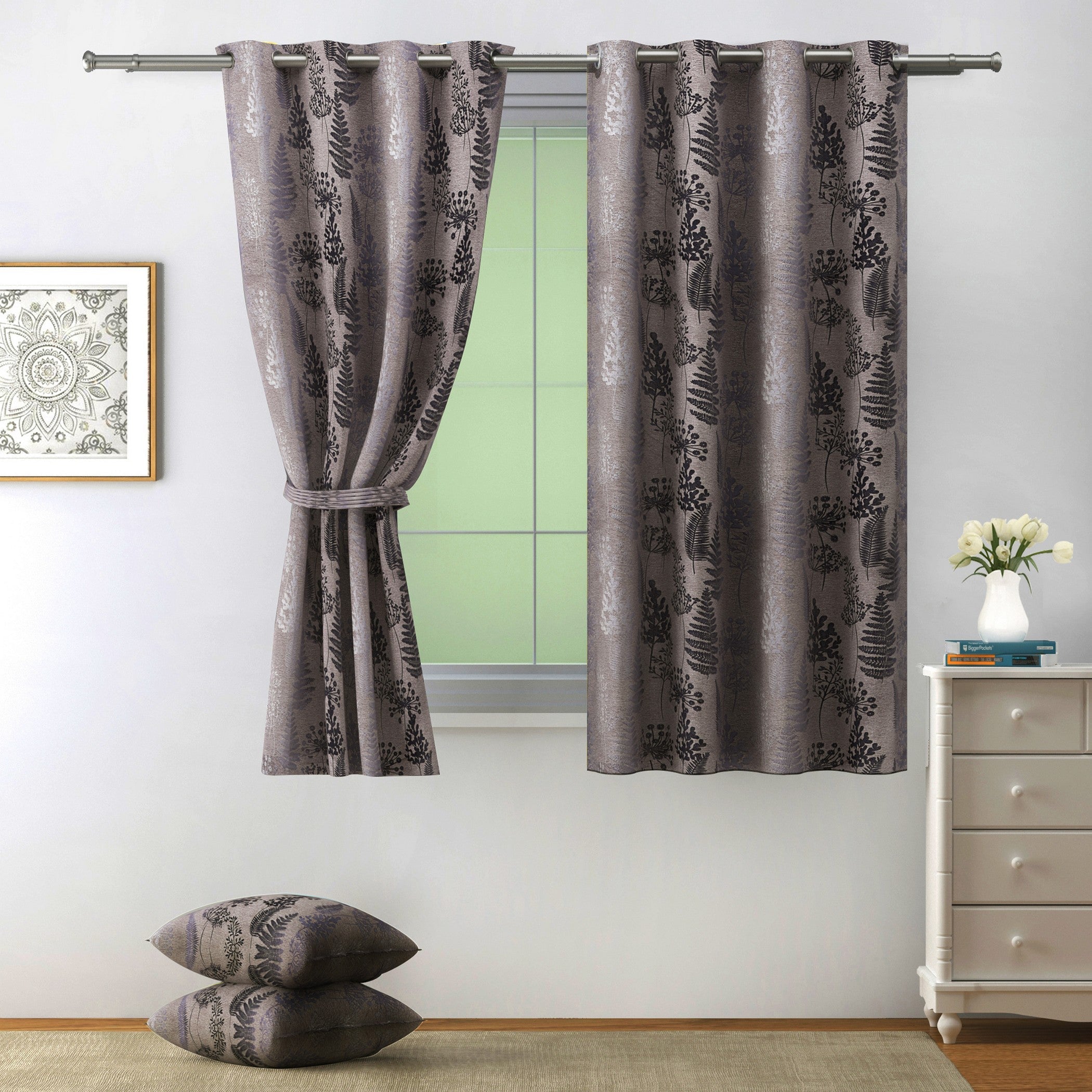 Premium Jacquard Botanical Fern Brown Window Curtain