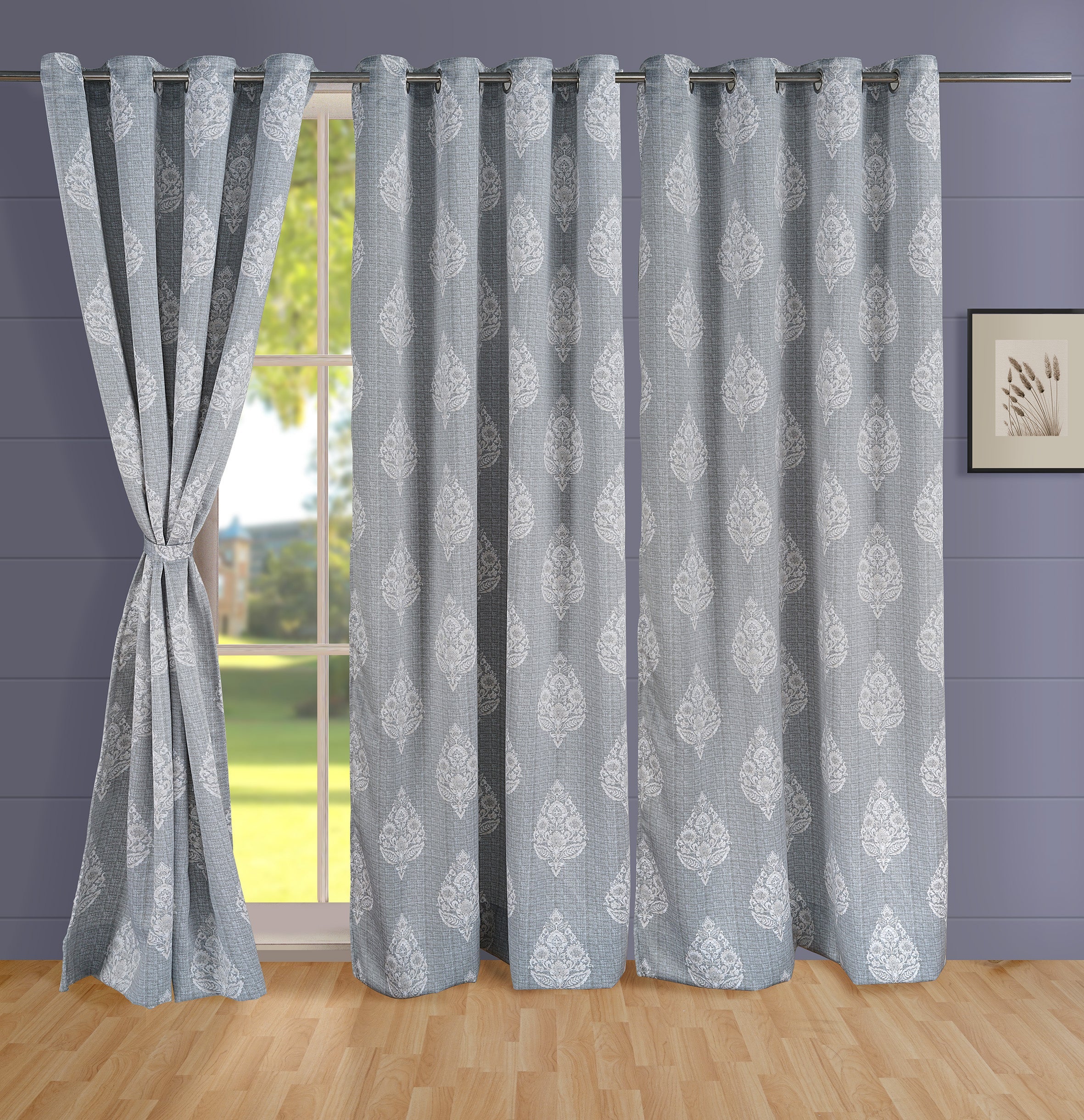 Premium Jacquard Grey Damask Door Curtains – Set of 2