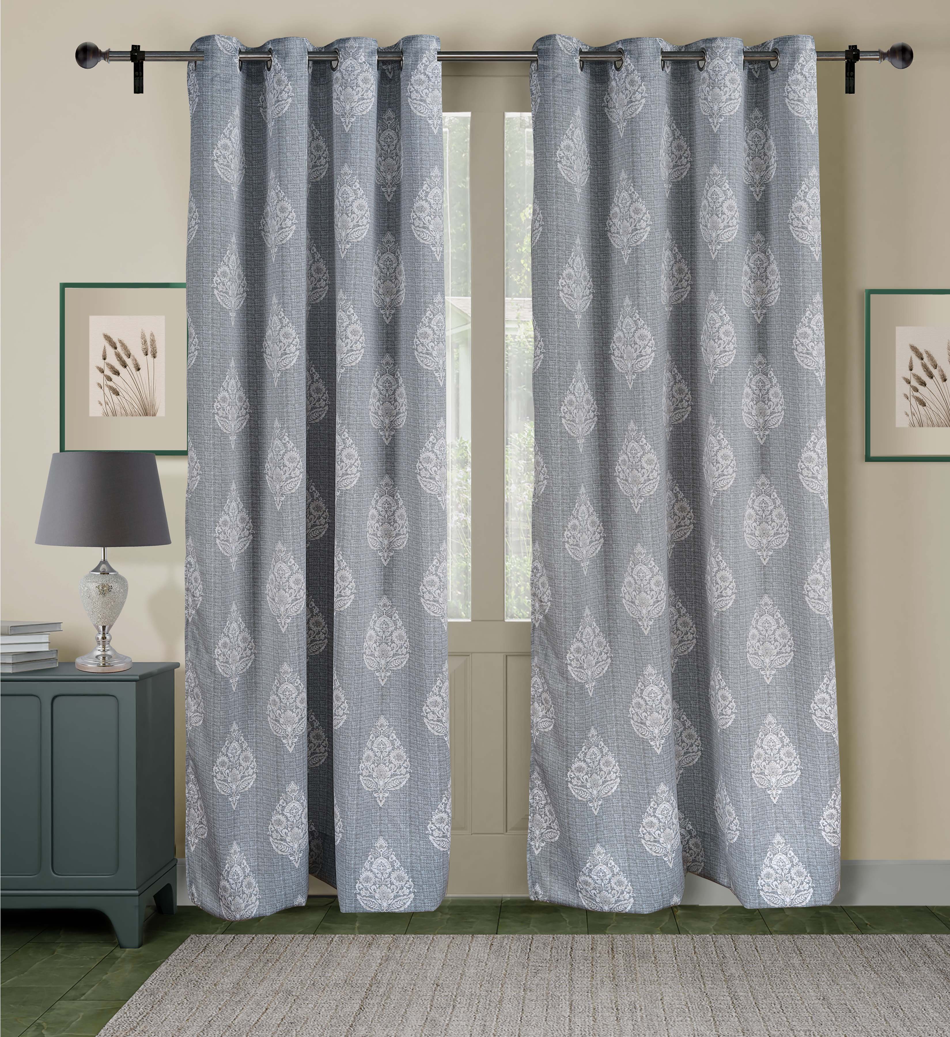 Premium Jacquard Grey Damask Door Curtains – Set of 2