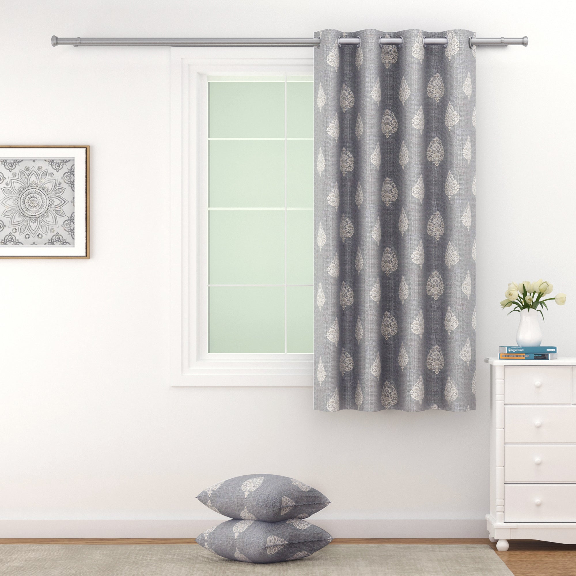 Premium Jacquard Grey Damask Door Curtains – Set of 2