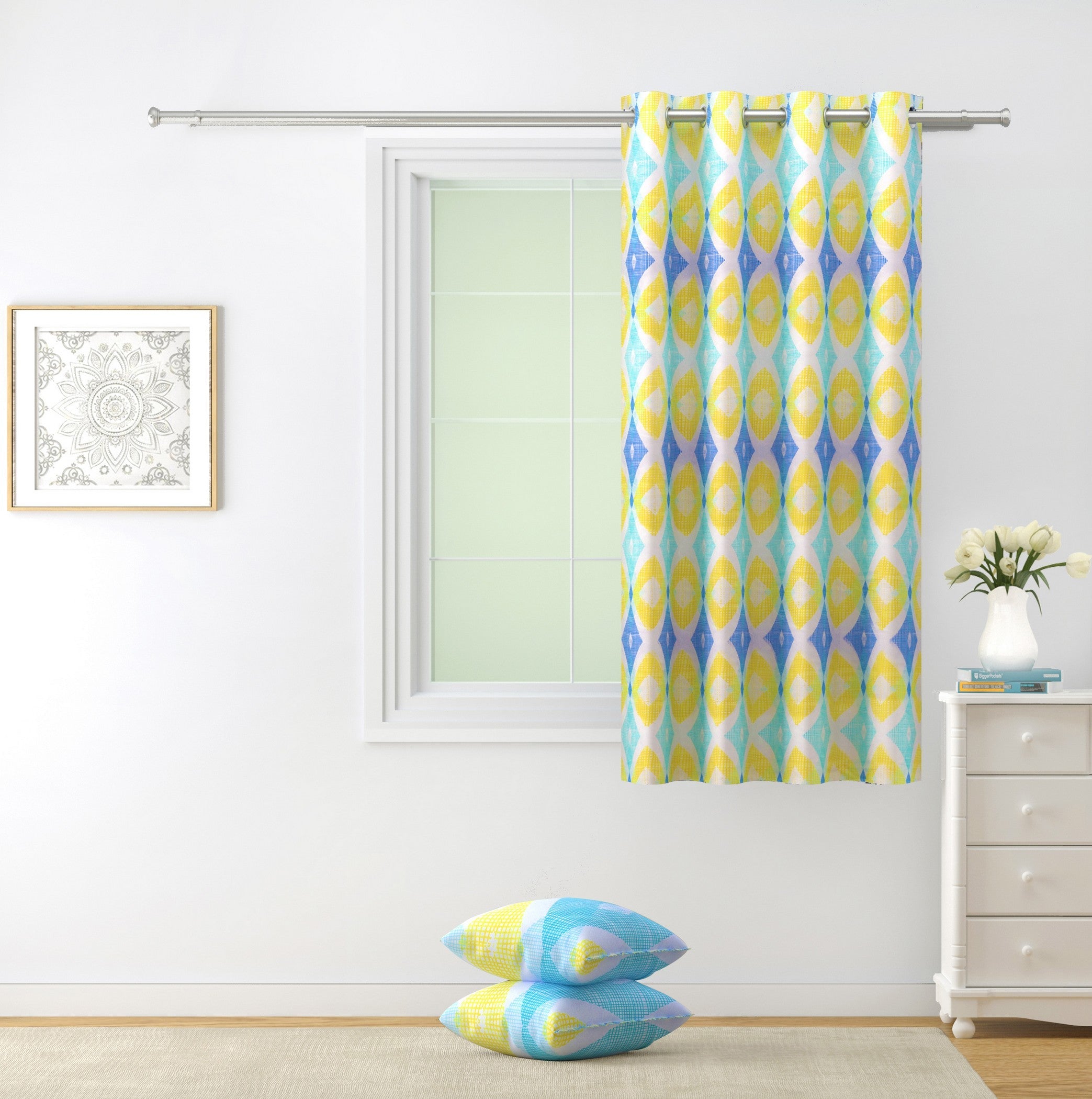 Premium Geometric Blue and Yellow Printed Window Curtain