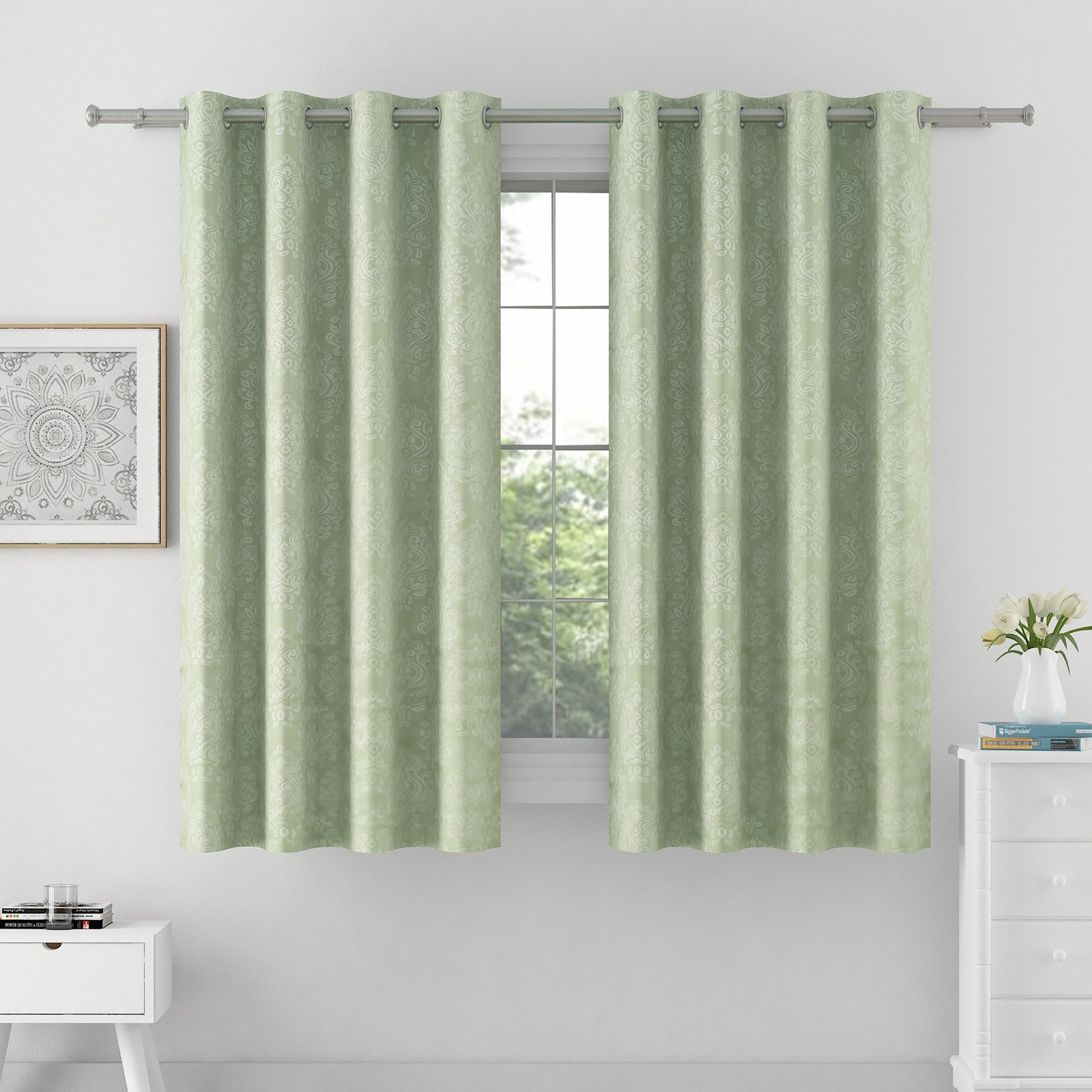 Jacquard Damask Mint Green Window Curtains – Set of 2