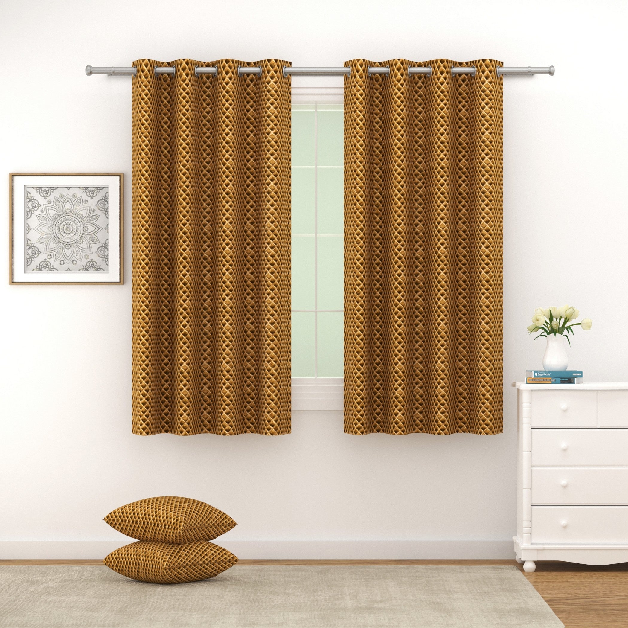 Velvet Geometric Brown Window Curtains – Set of 2