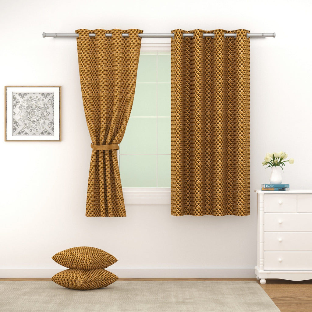 Velvet Geometric Brown Window Curtains – Set of 2