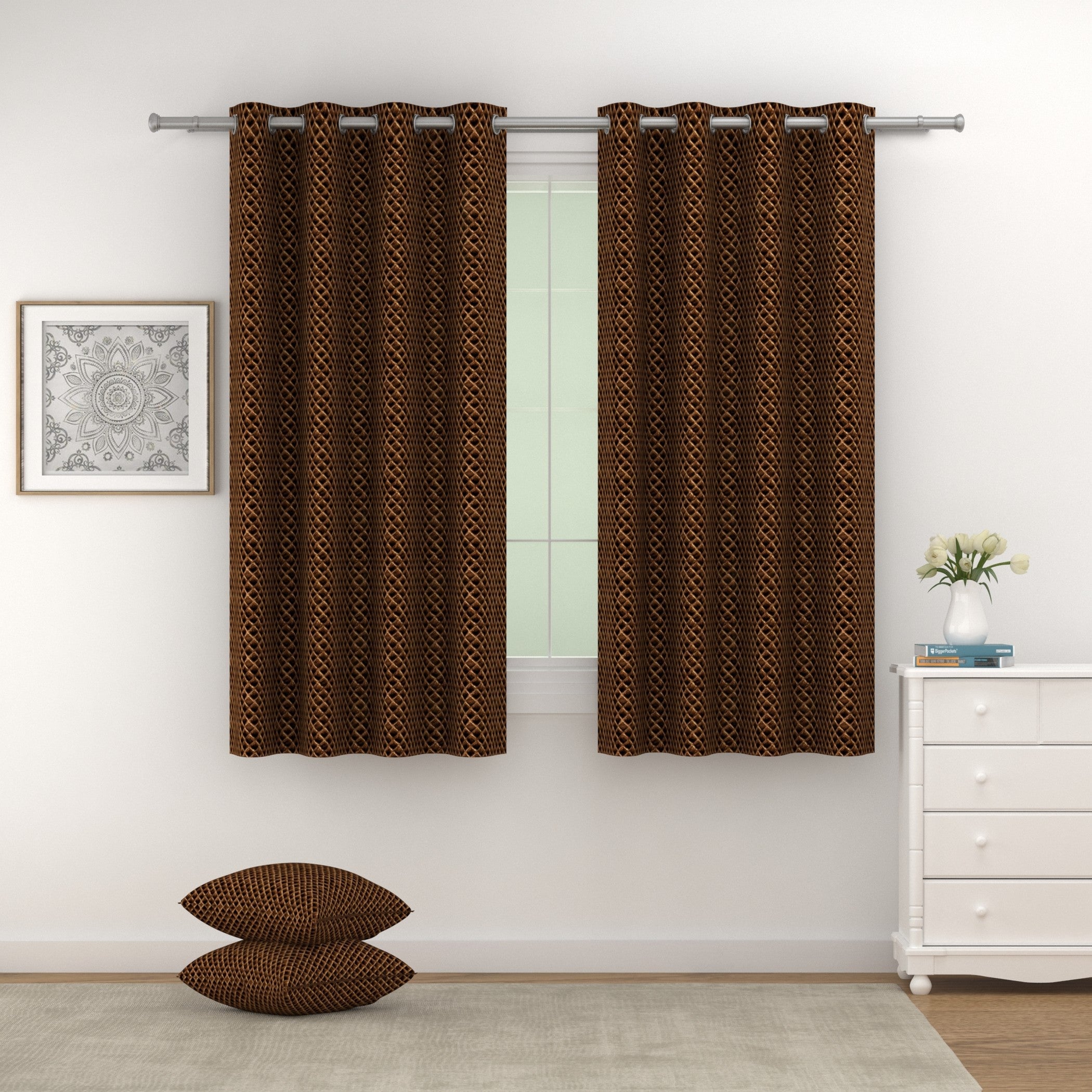 Velvet Geometric Chocolate Brown Window Curtains – Set of 2