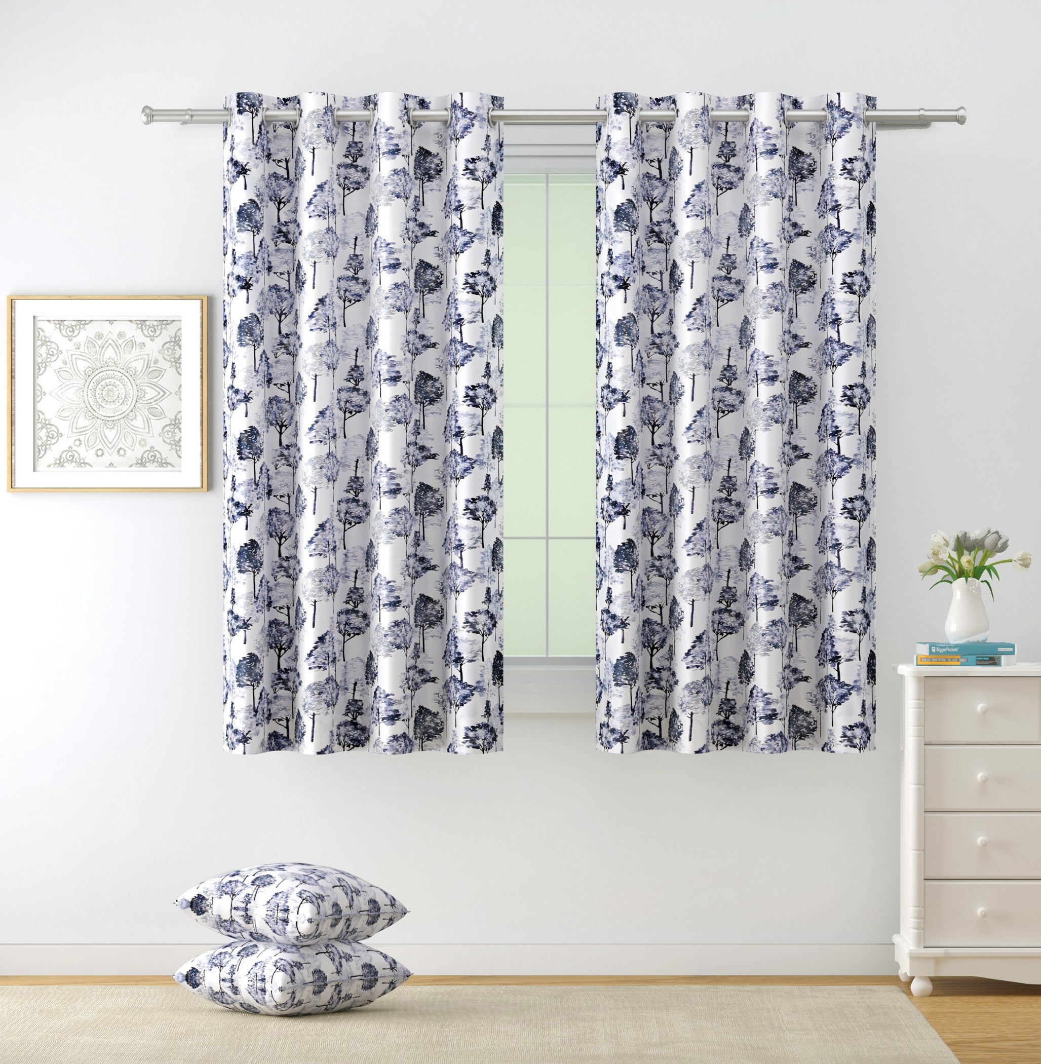 Nature-Inspired Grey Tree Print Window Curtains – Set of 2