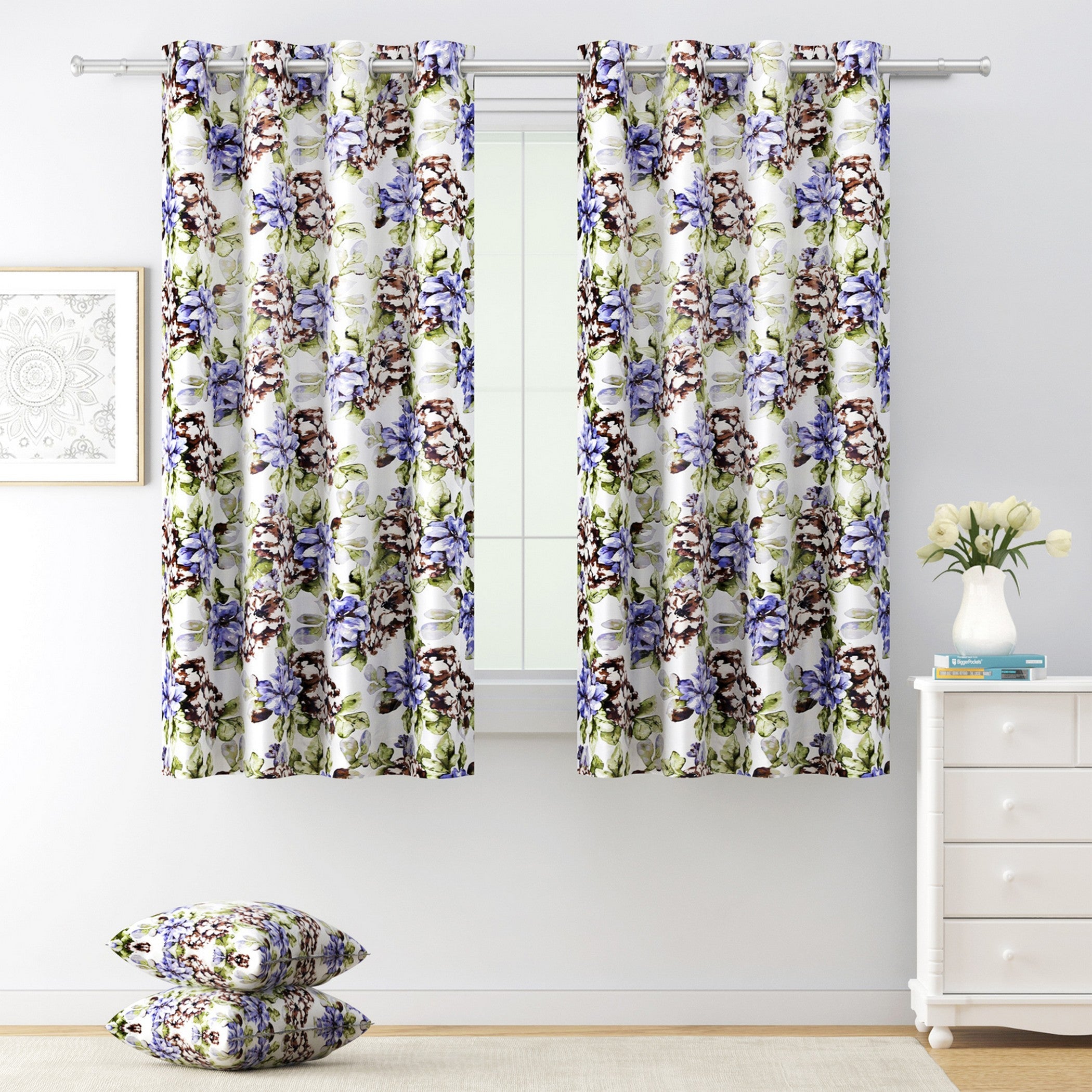 Botanical Bloom Floral Curtains – Lilac & Olive Green, Set of 2