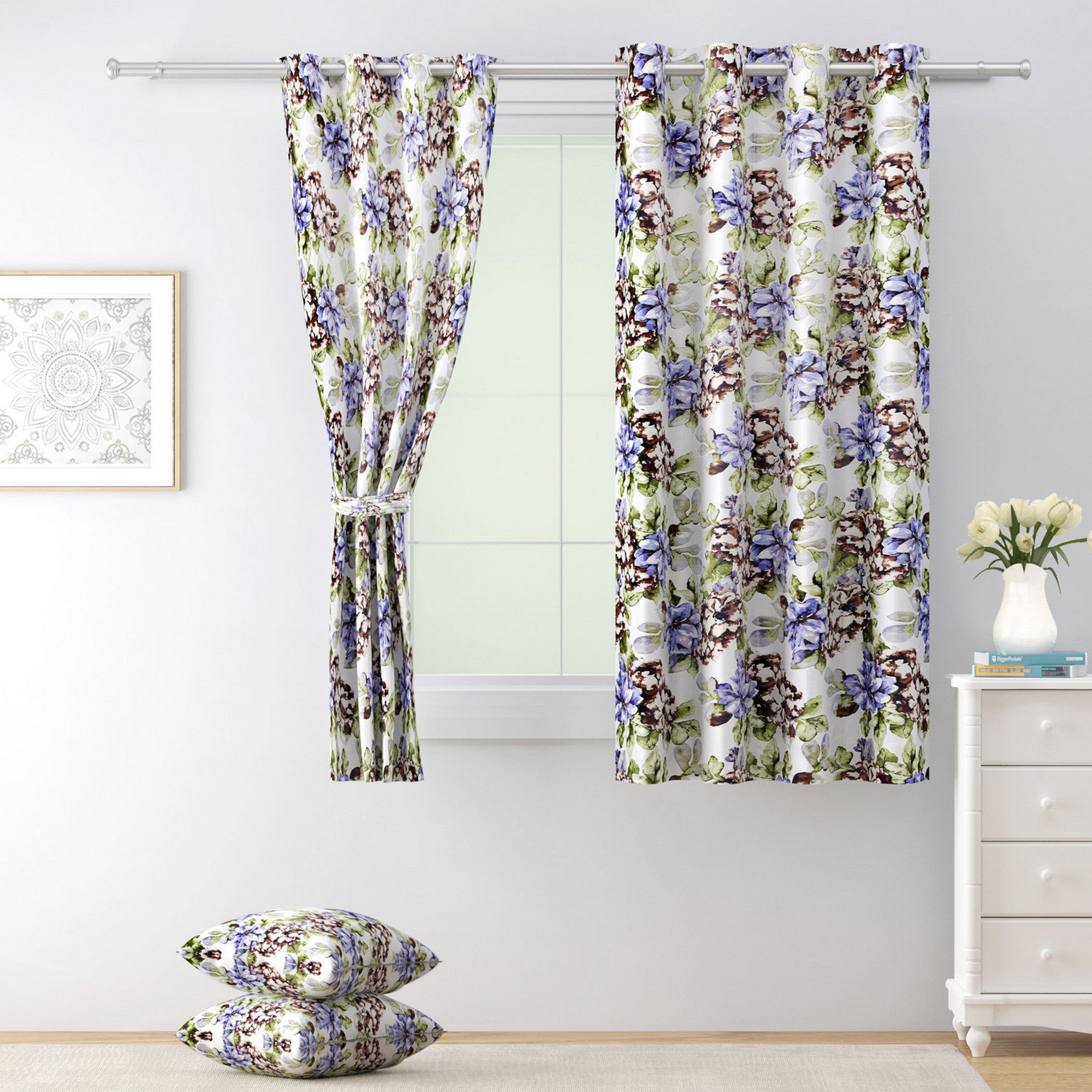 Botanical Bloom Floral Curtains – Lilac & Olive Green, Set of 2