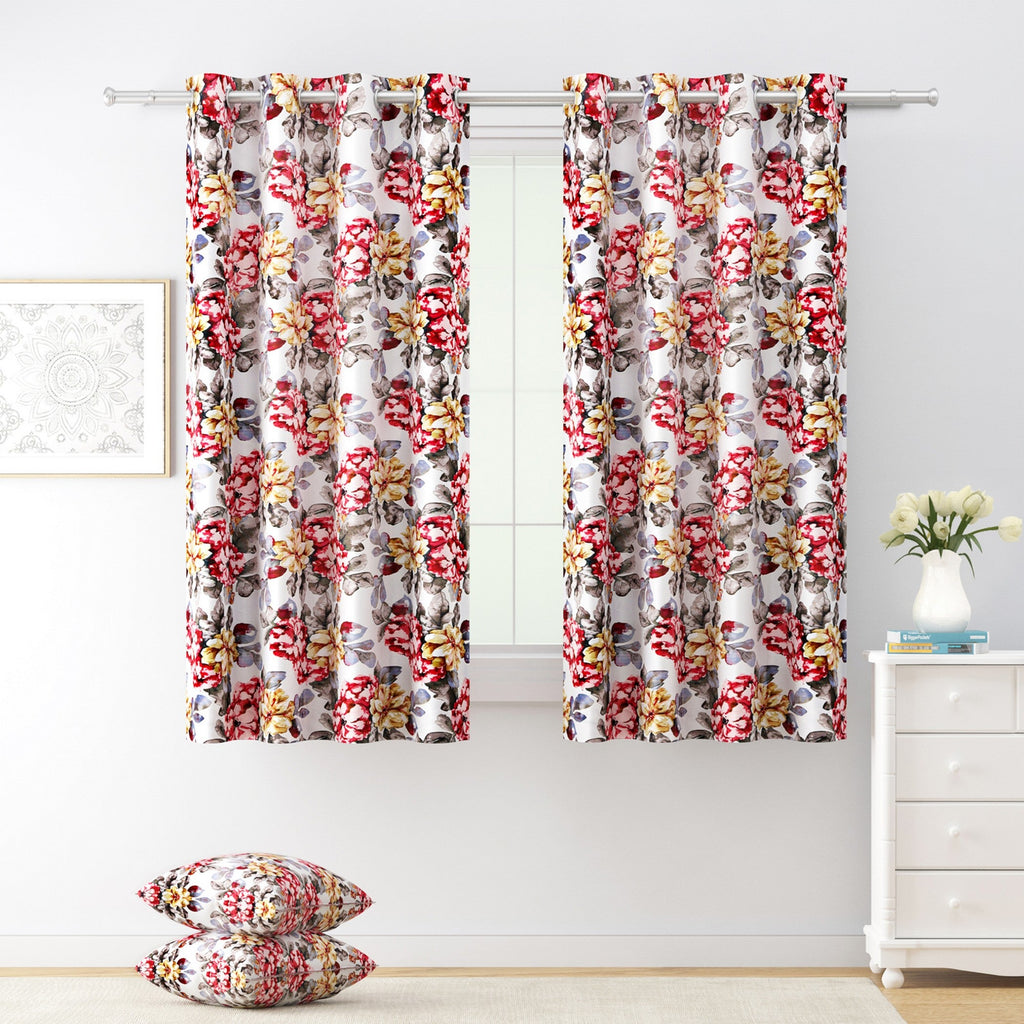 Crimson Bloom Floral Curtains – Red, Mustard & Grey, Set of 2