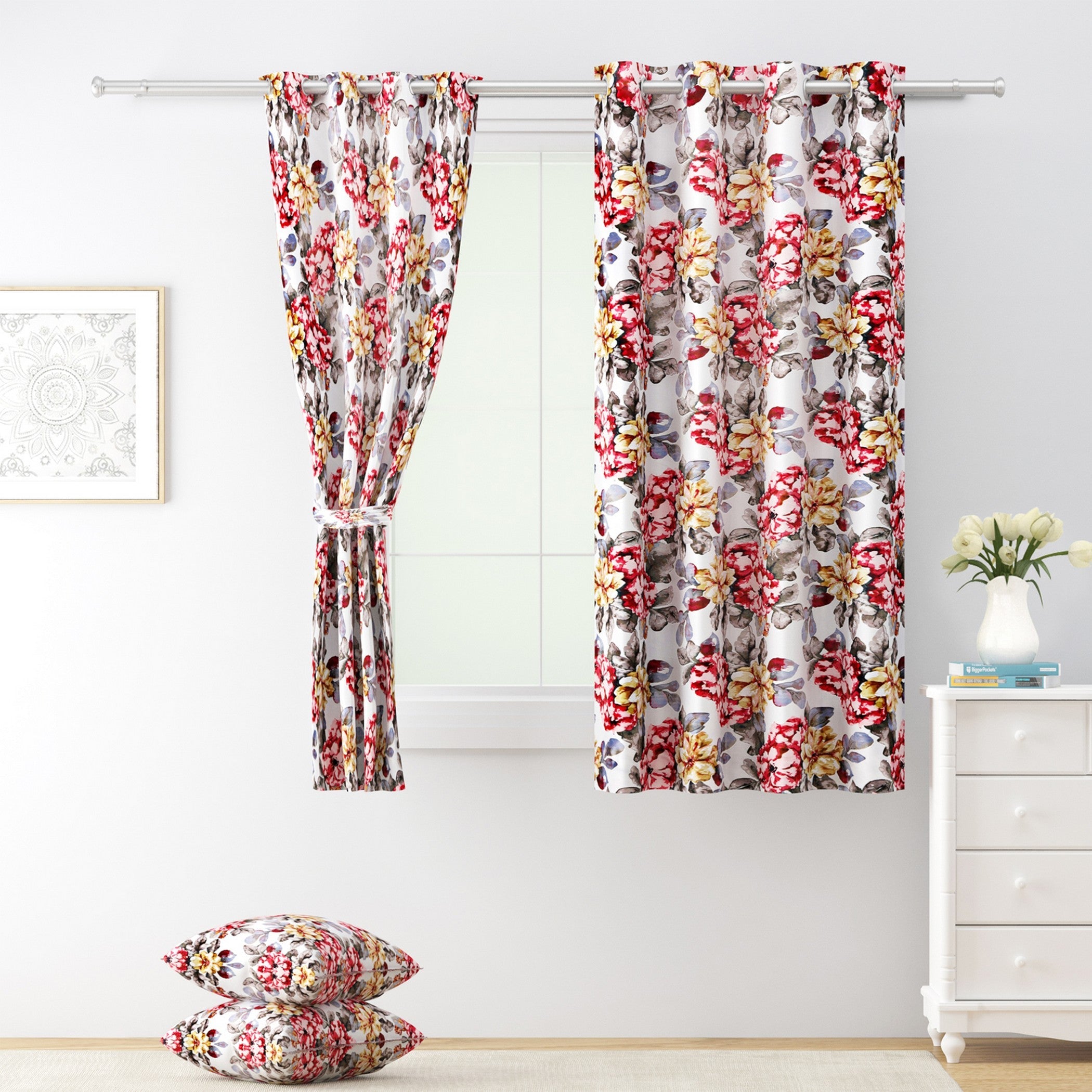 Crimson Bloom Floral Curtains – Red, Mustard & Grey, Set of 2