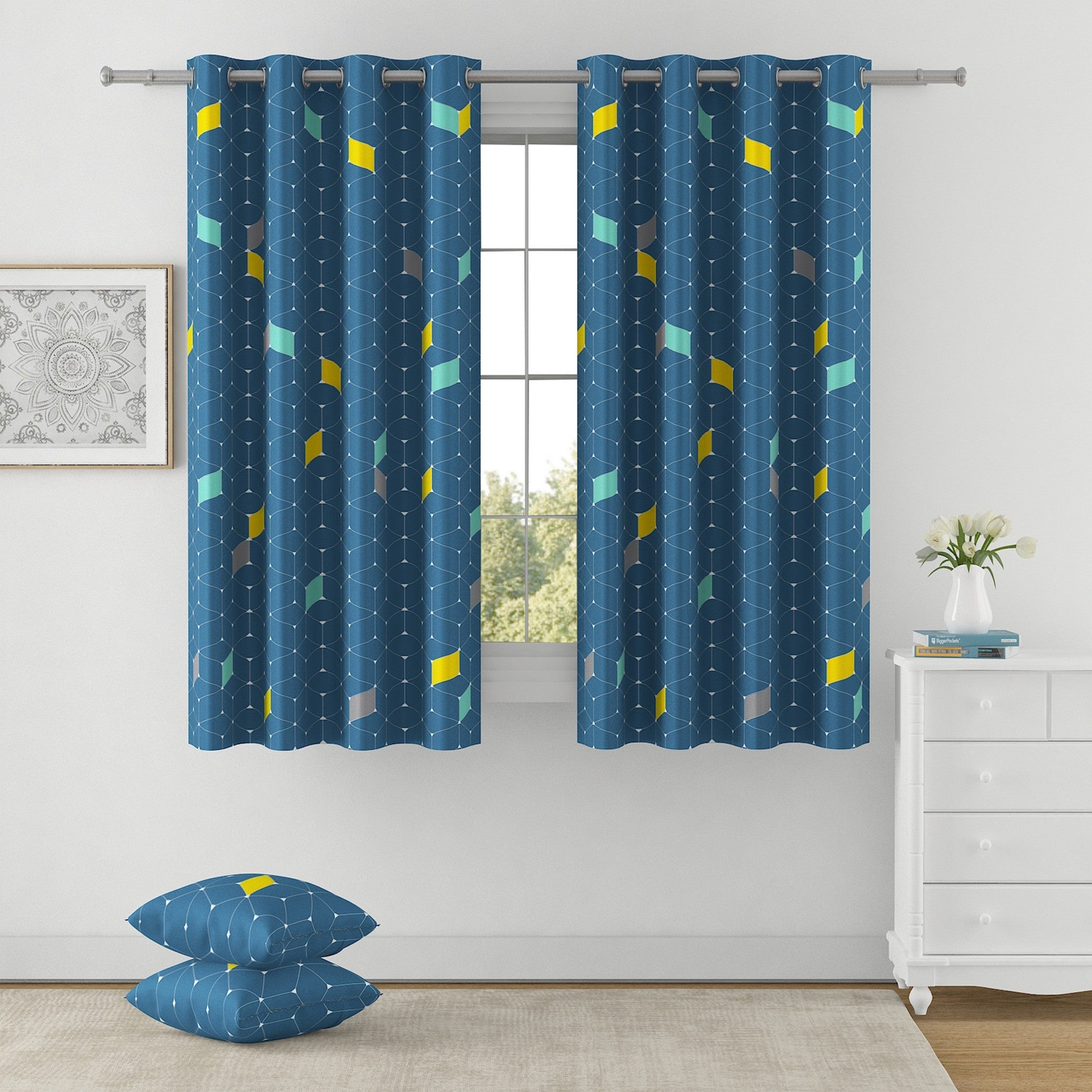 Geometric Cube Pattern Curtains – Blue, Yellow & Aqua, Set of 2