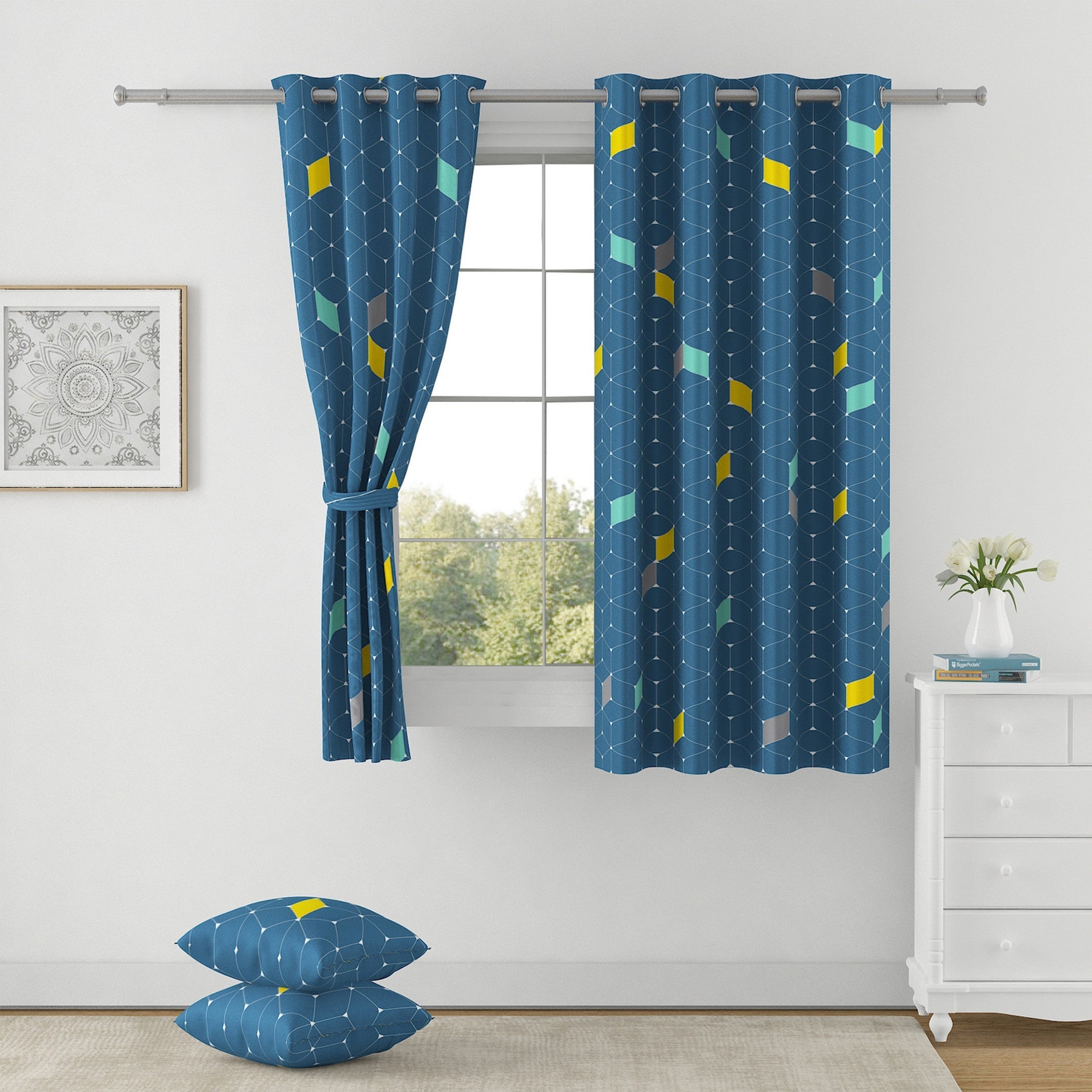 Geometric Cube Pattern Curtains – Blue, Yellow & Aqua, Set of 2