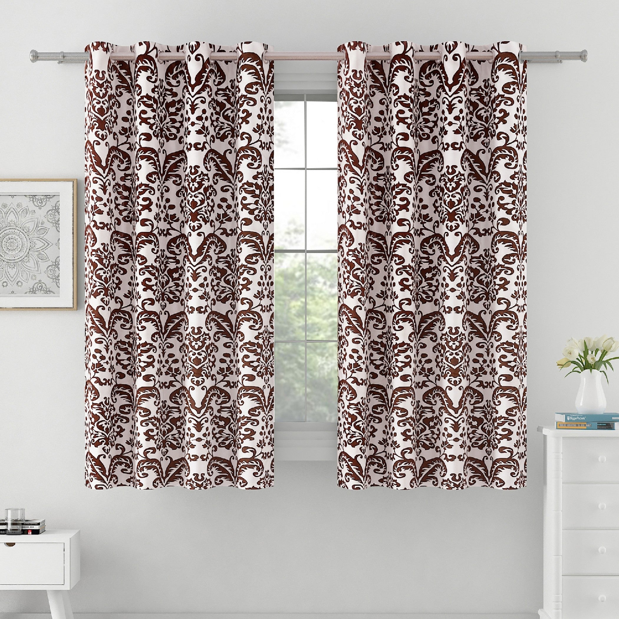 Classic Damask Window Curtains – Brown & White, Set of 2