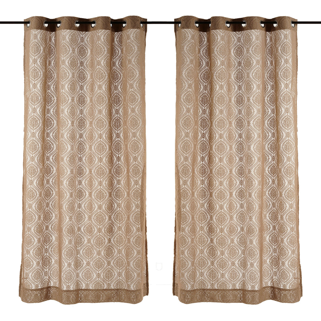Beige Ethnic Damask Polyester Eyelet Window Curtain Set of 2