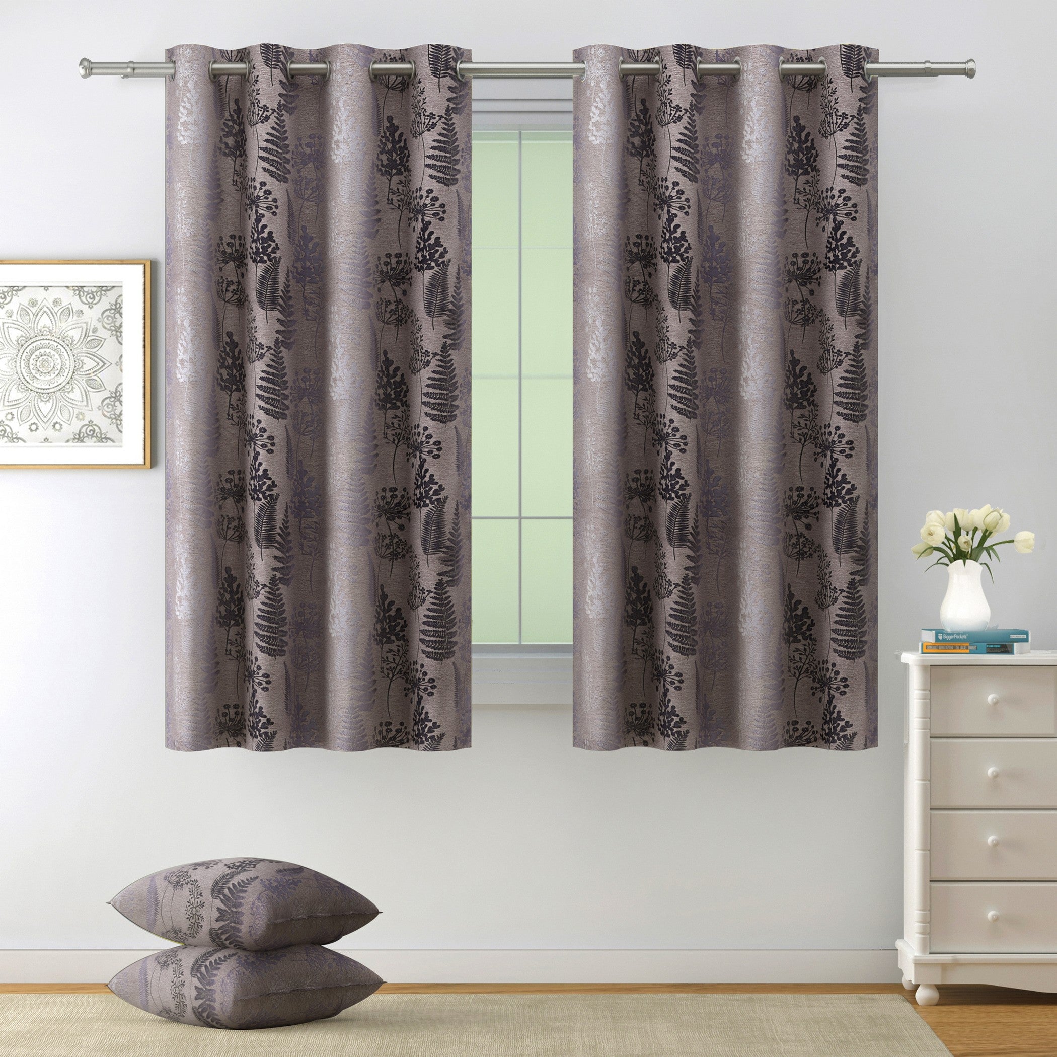 Premium Jacquard Botanical Fern Brown Window Curtains – Set of 2