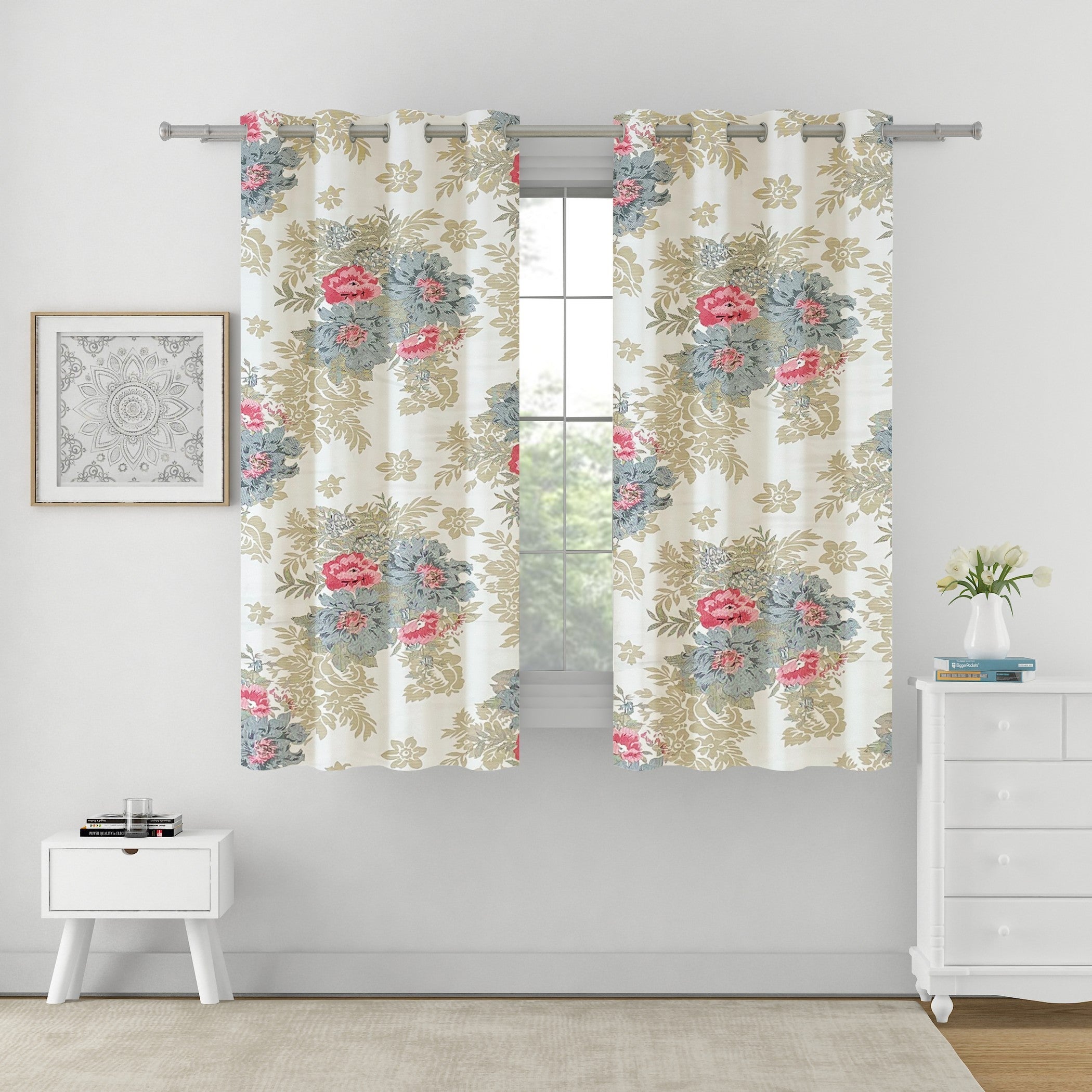 Premium Floral Beige Jacquard Window Curtains – Set of 2