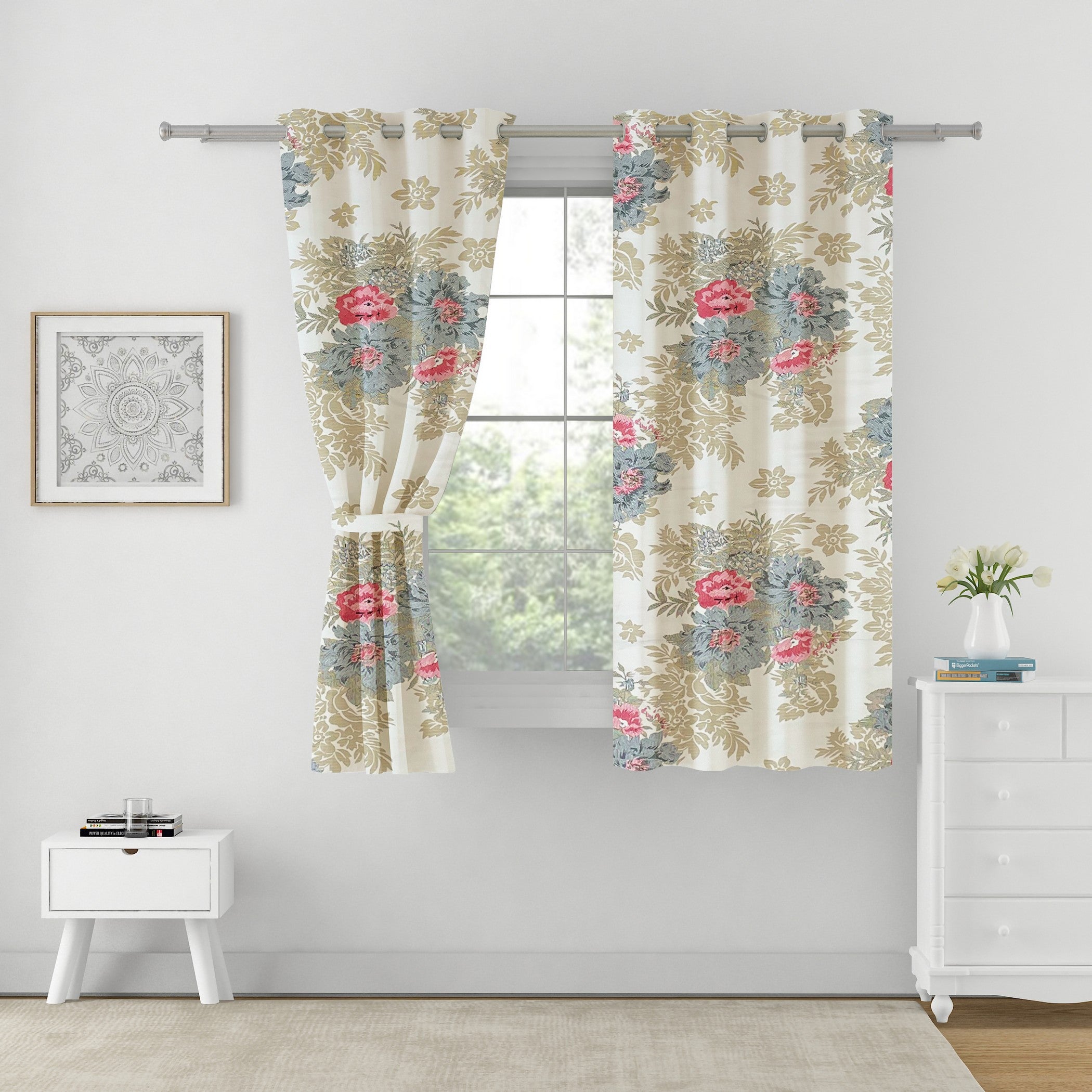 Premium Floral Beige Jacquard Window Curtains – Set of 2