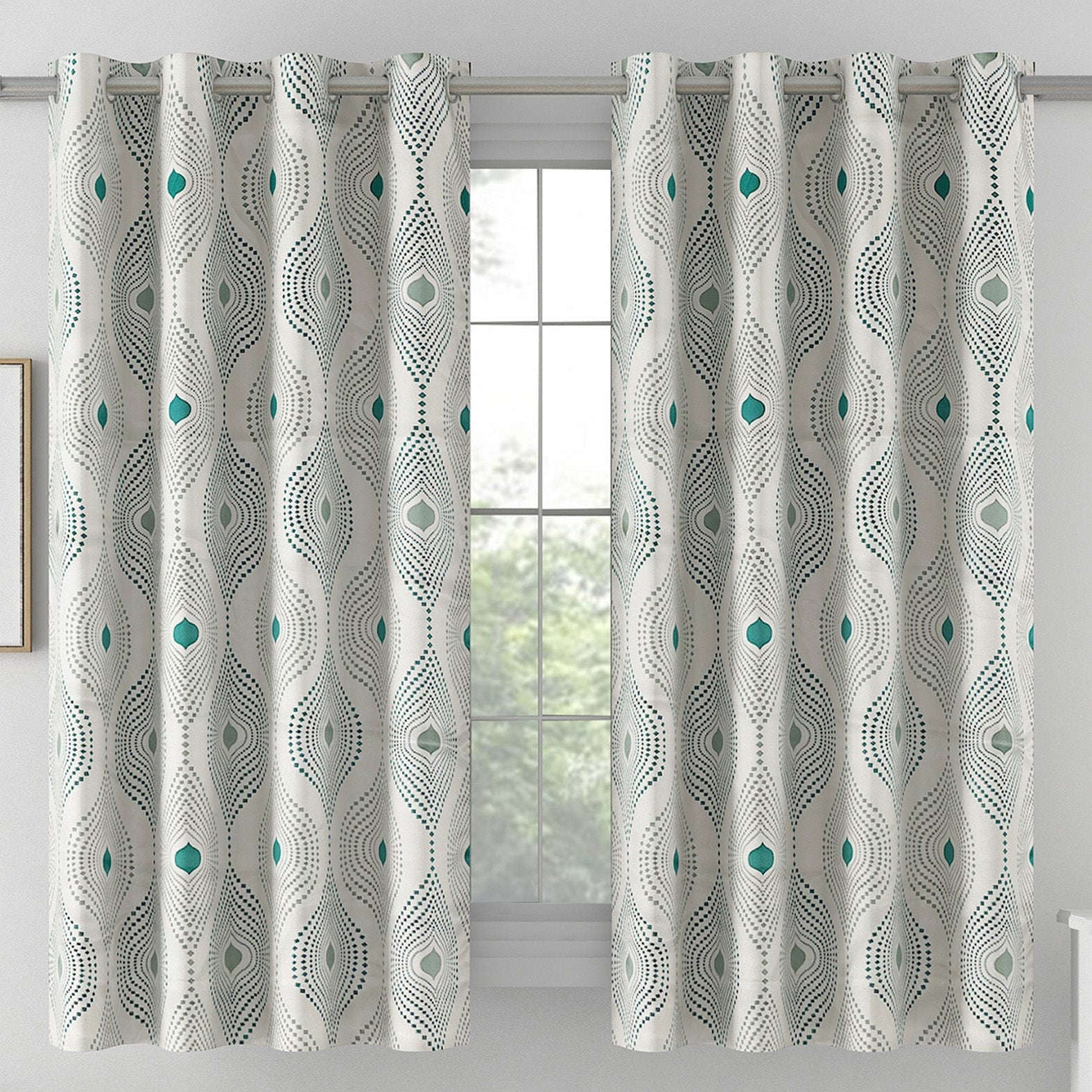 Premium Geometric Teal Printed Window Curtains – Set of 2