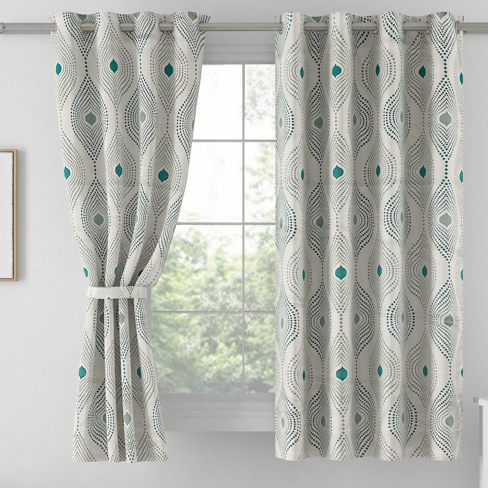 Premium Geometric Teal Printed Window Curtains – Set of 2