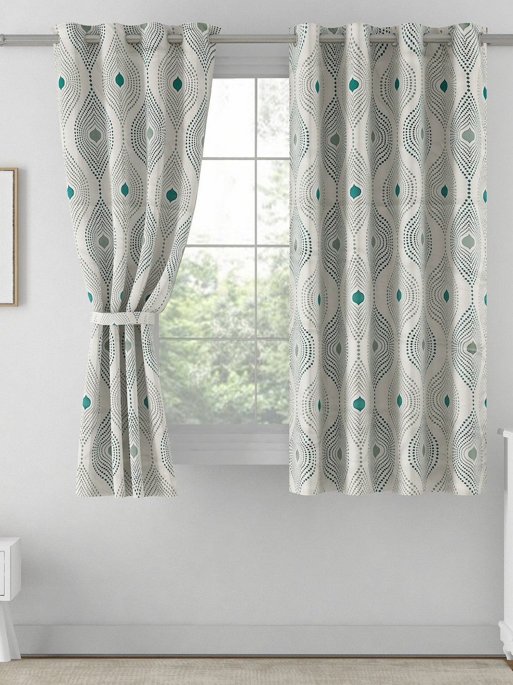 Premium Geometric Teal Printed Window Curtains – Set of 2