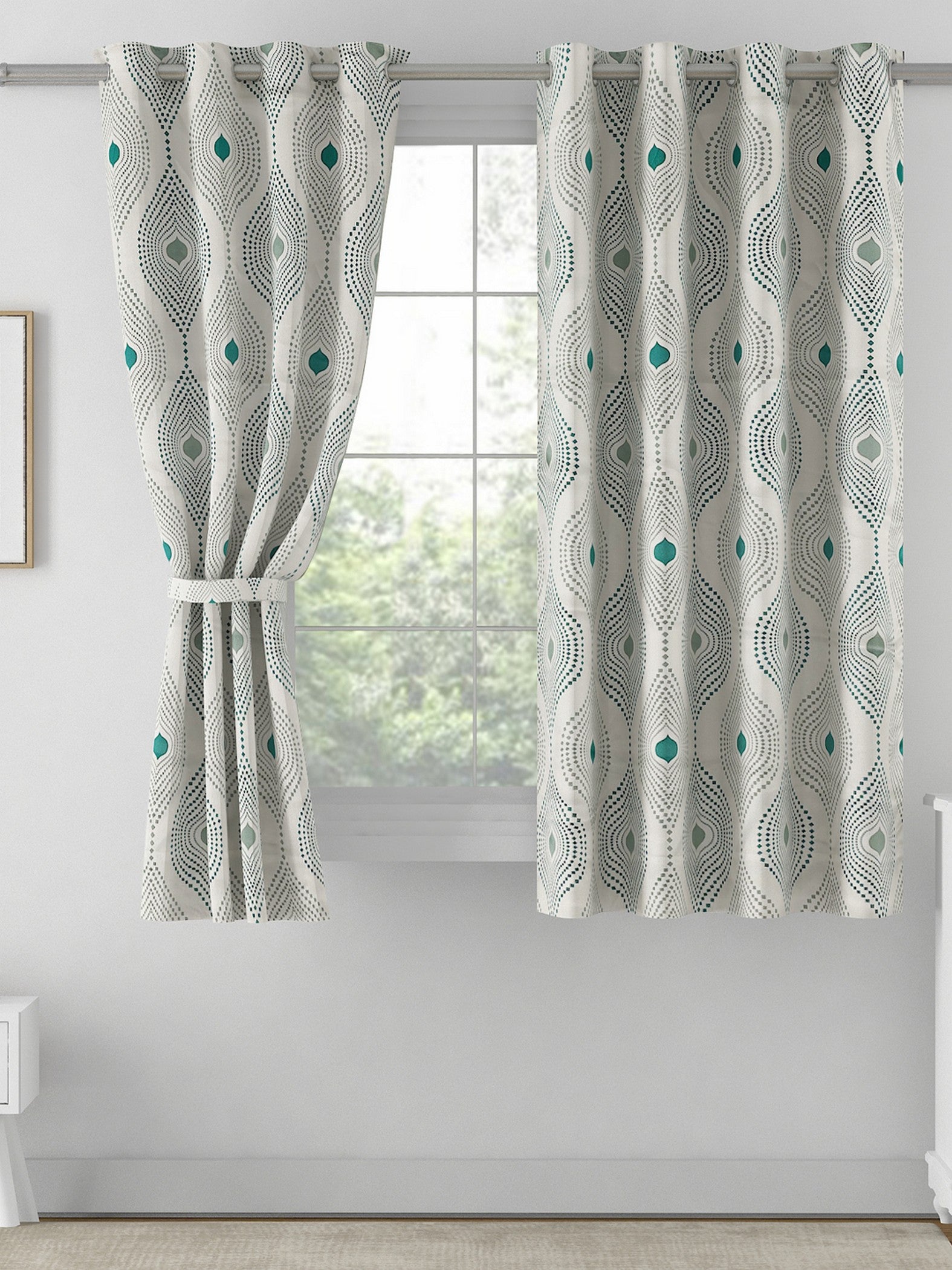 Premium Geometric Teal Printed Window Curtains – Set of 2