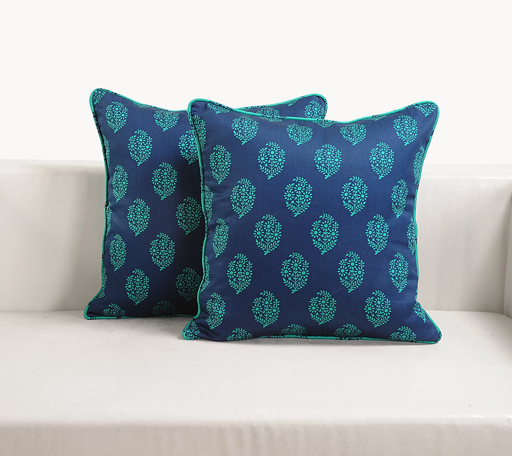 Floral Printed Blue & Teal Cushion Covers - Set of 5