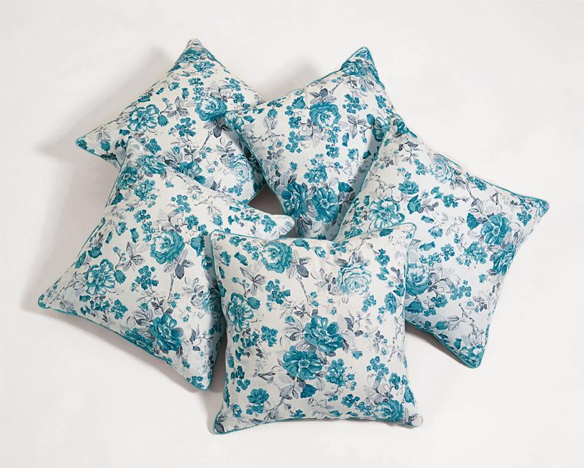 Floral Printed Teal Cushion Covers - Set of 5