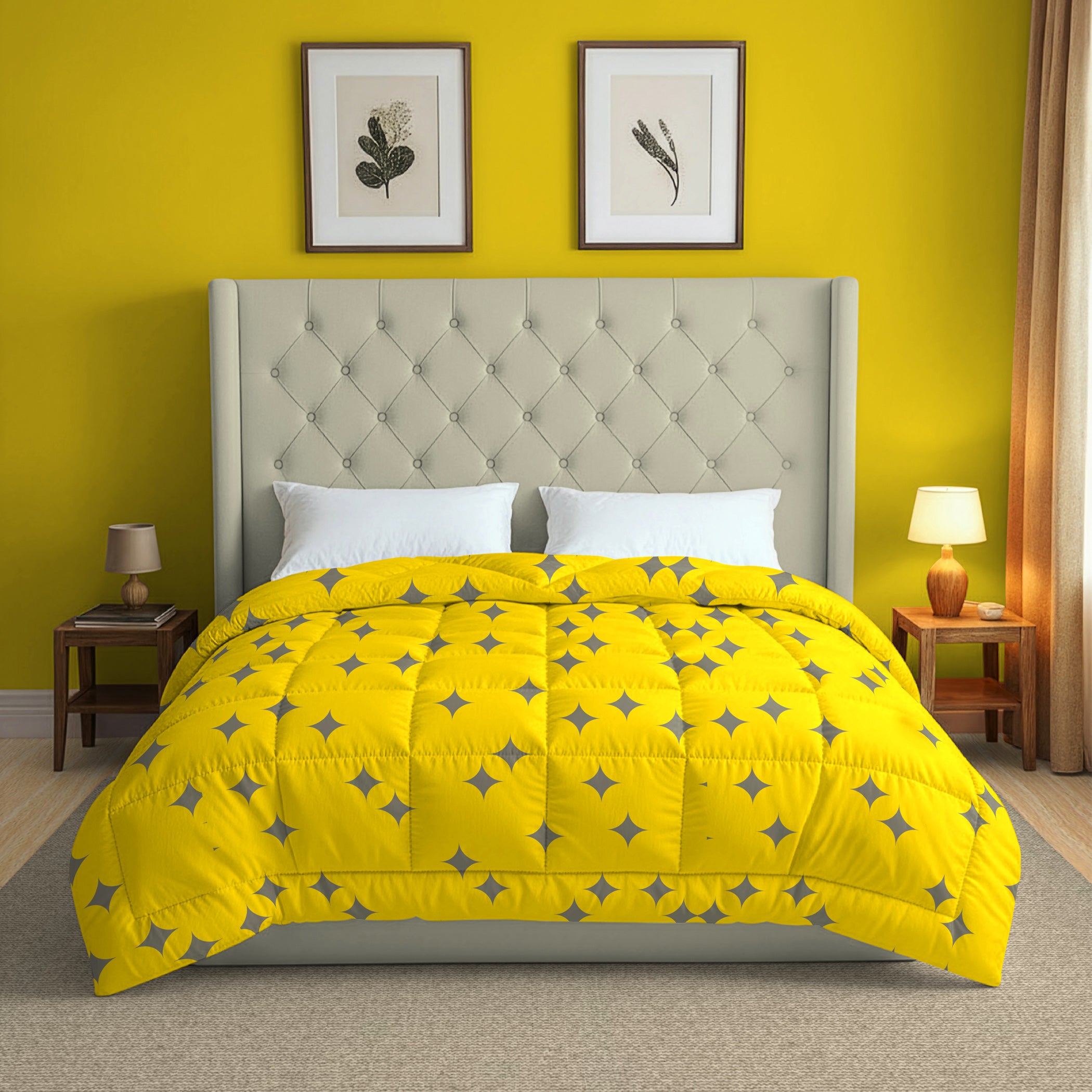 Yellow & Grey Geometric Microfiber Lightweight 150 GSM AC Room Comforter