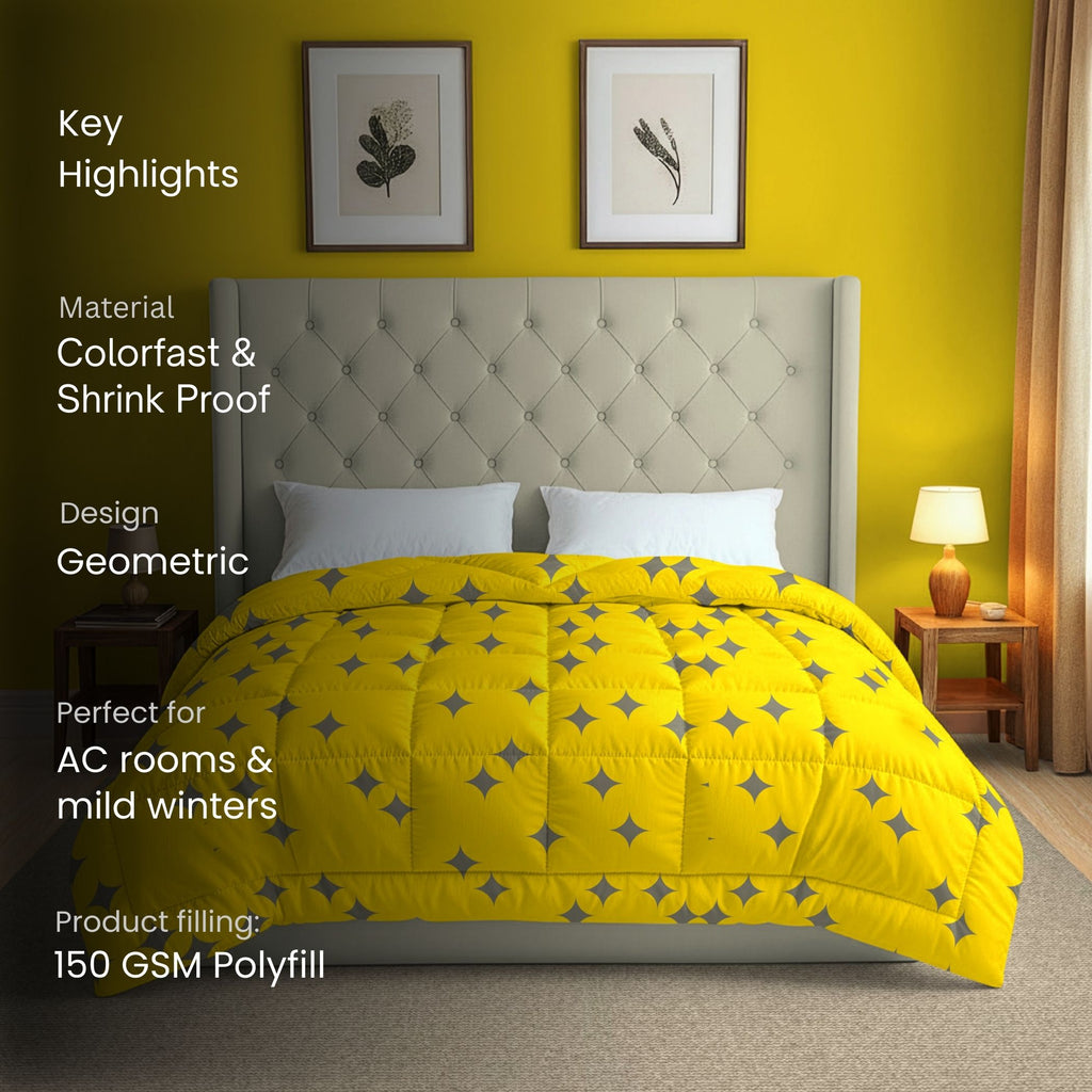 Yellow & Grey Geometric Microfiber Lightweight 150 GSM AC Room Comforter