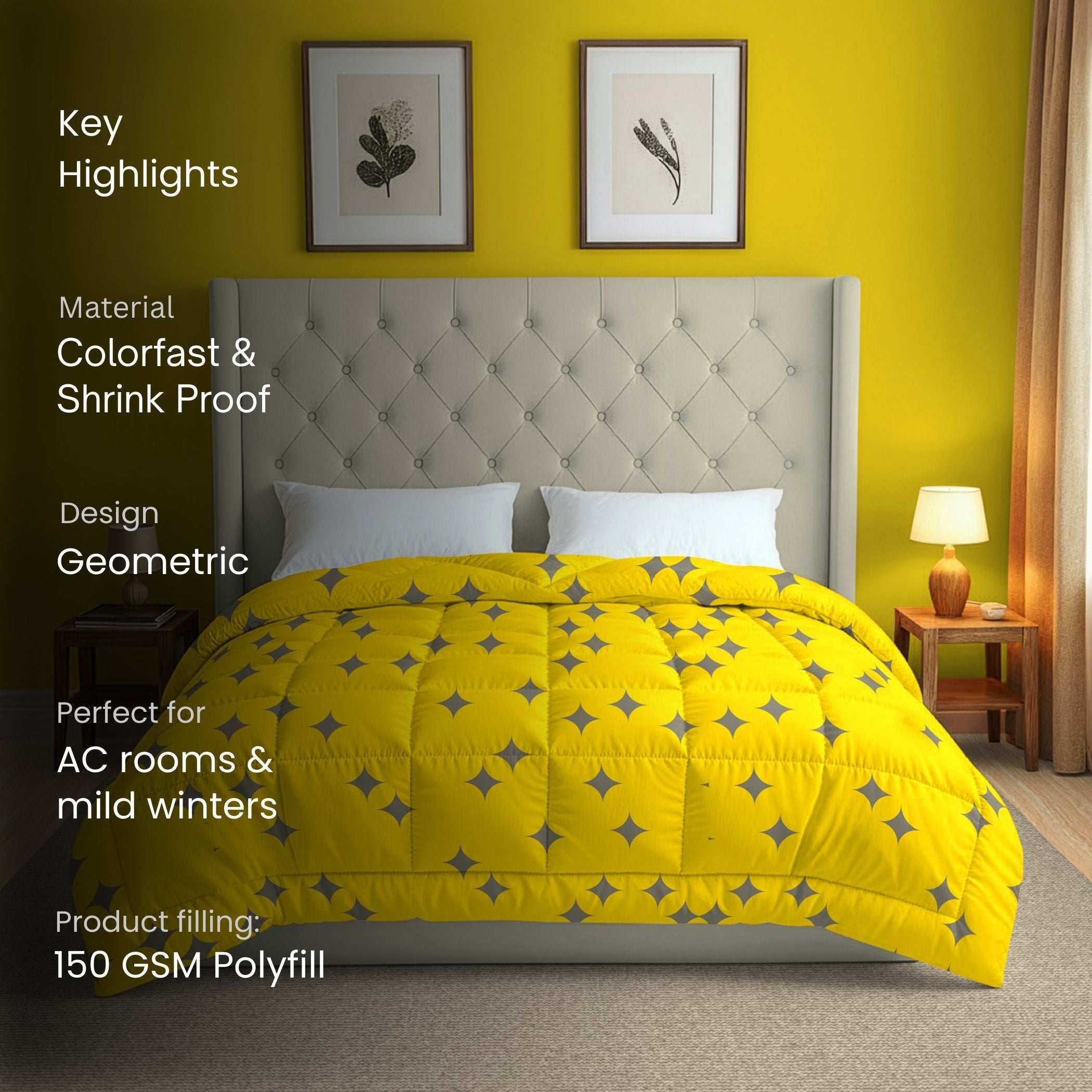 Yellow & Grey Geometric Microfiber Lightweight 150 GSM AC Room Comforter